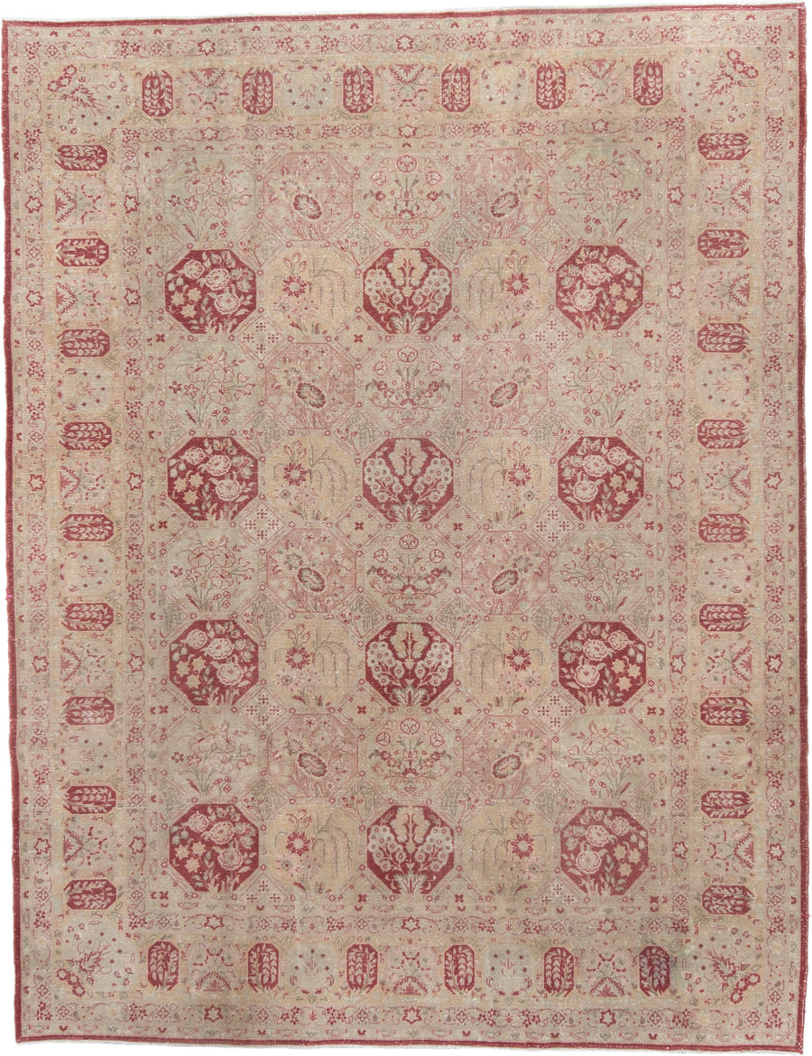 6' x 8' one-of-a-kind handmade antique Tabriz medium size rug. Color palette: ivory, rose, dusty red, blush, sage, beige