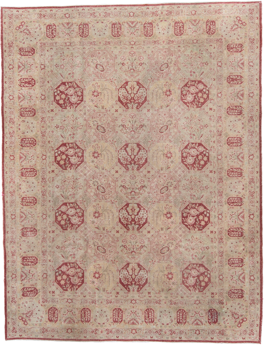6' x 8' one-of-a-kind handmade antique Tabriz medium size rug. Color palette: ivory, rose, dusty red, blush, sage, beige