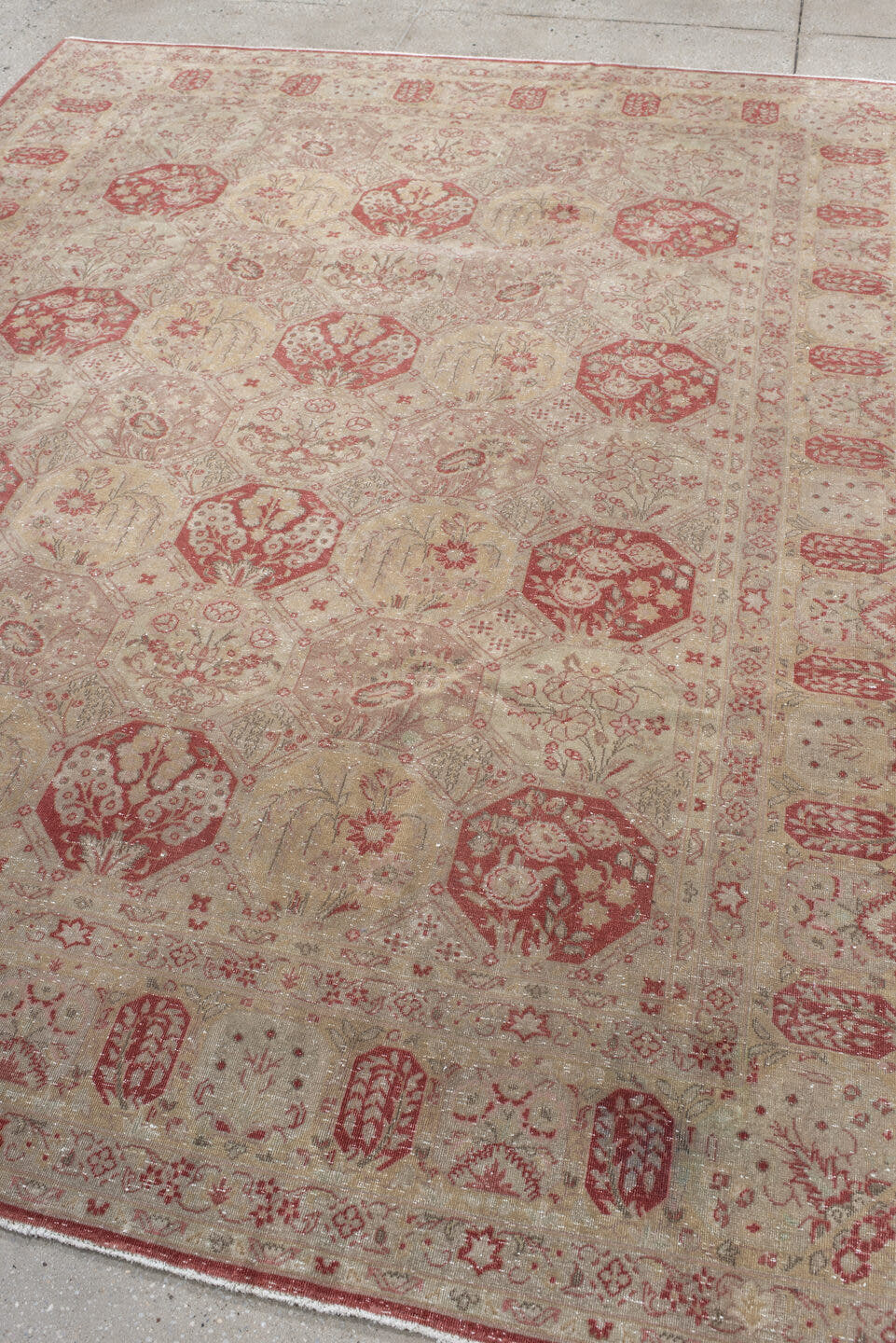 6' x 8' one-of-a-kind handmade antique Tabriz medium size rug. Color palette: ivory, rose, dusty red, blush, sage, beige