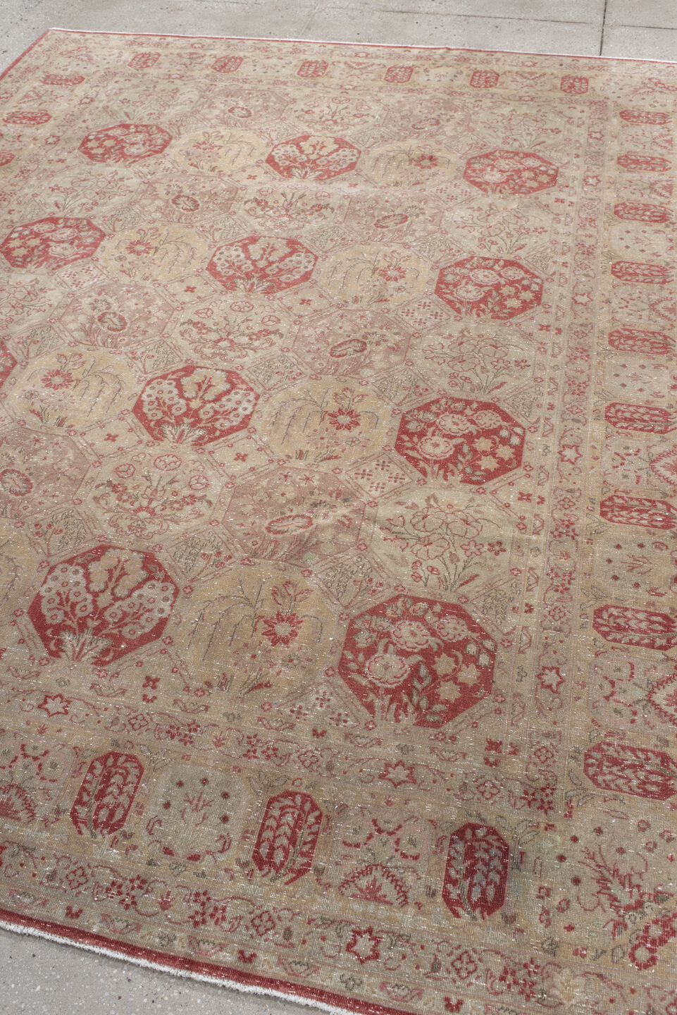 6' x 8' one-of-a-kind handmade antique Tabriz medium size rug. Color palette: ivory, rose, dusty red, blush, sage, beige
