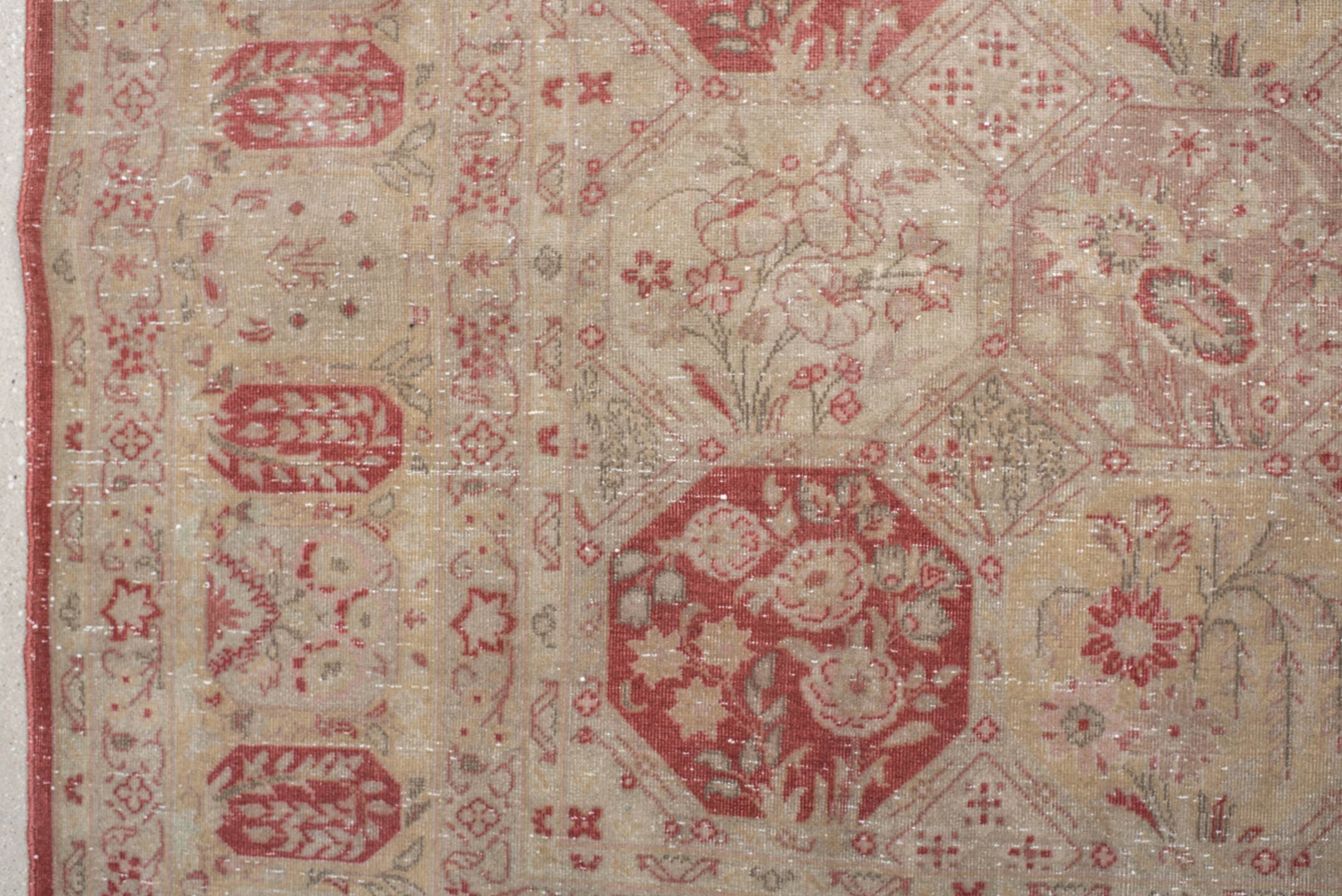 6' x 8' one-of-a-kind handmade antique Tabriz medium size rug. Color palette: ivory, rose, dusty red, blush, sage, beige