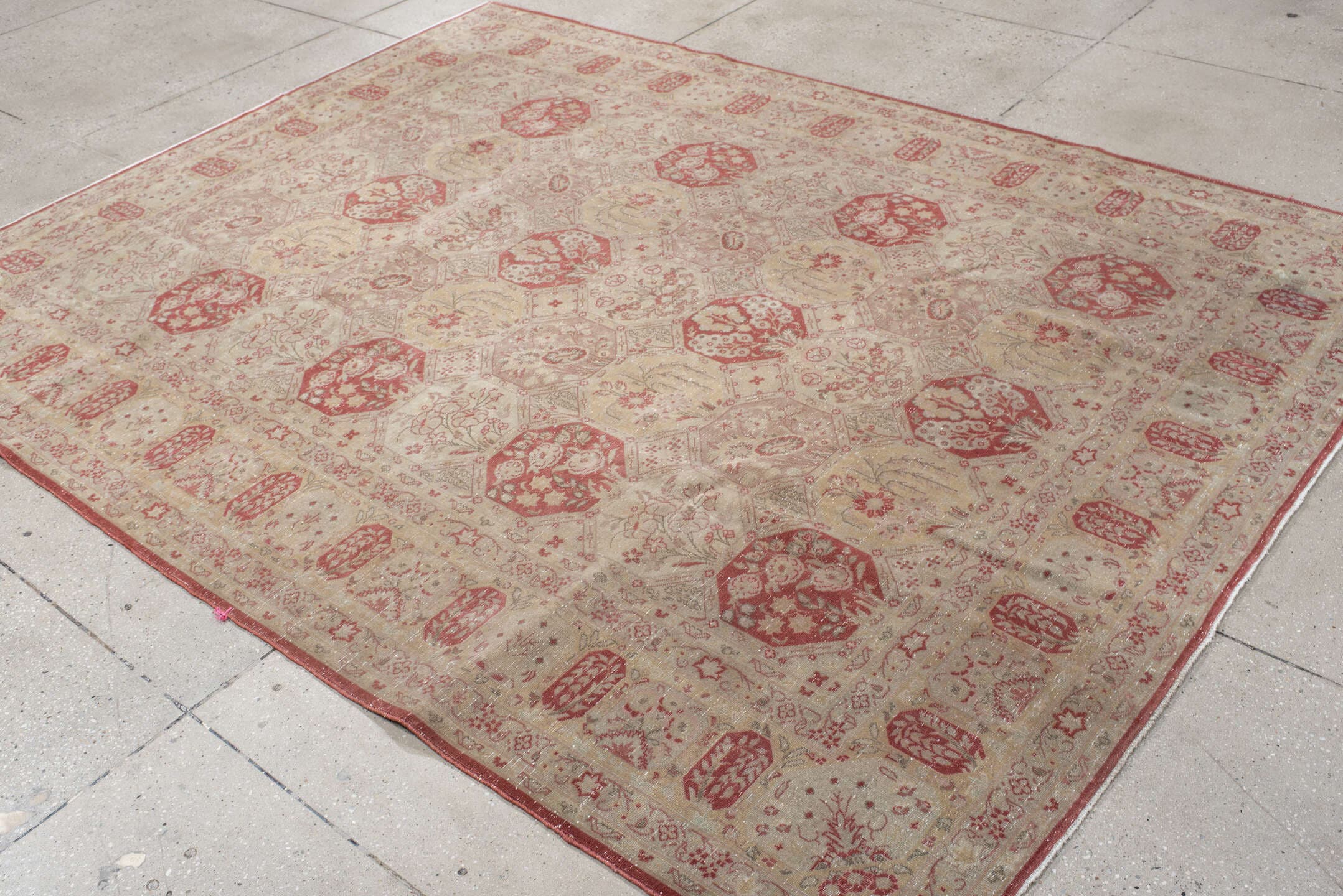 6' x 8' one-of-a-kind handmade antique Tabriz medium size rug. Color palette: ivory, rose, dusty red, blush, sage, beige