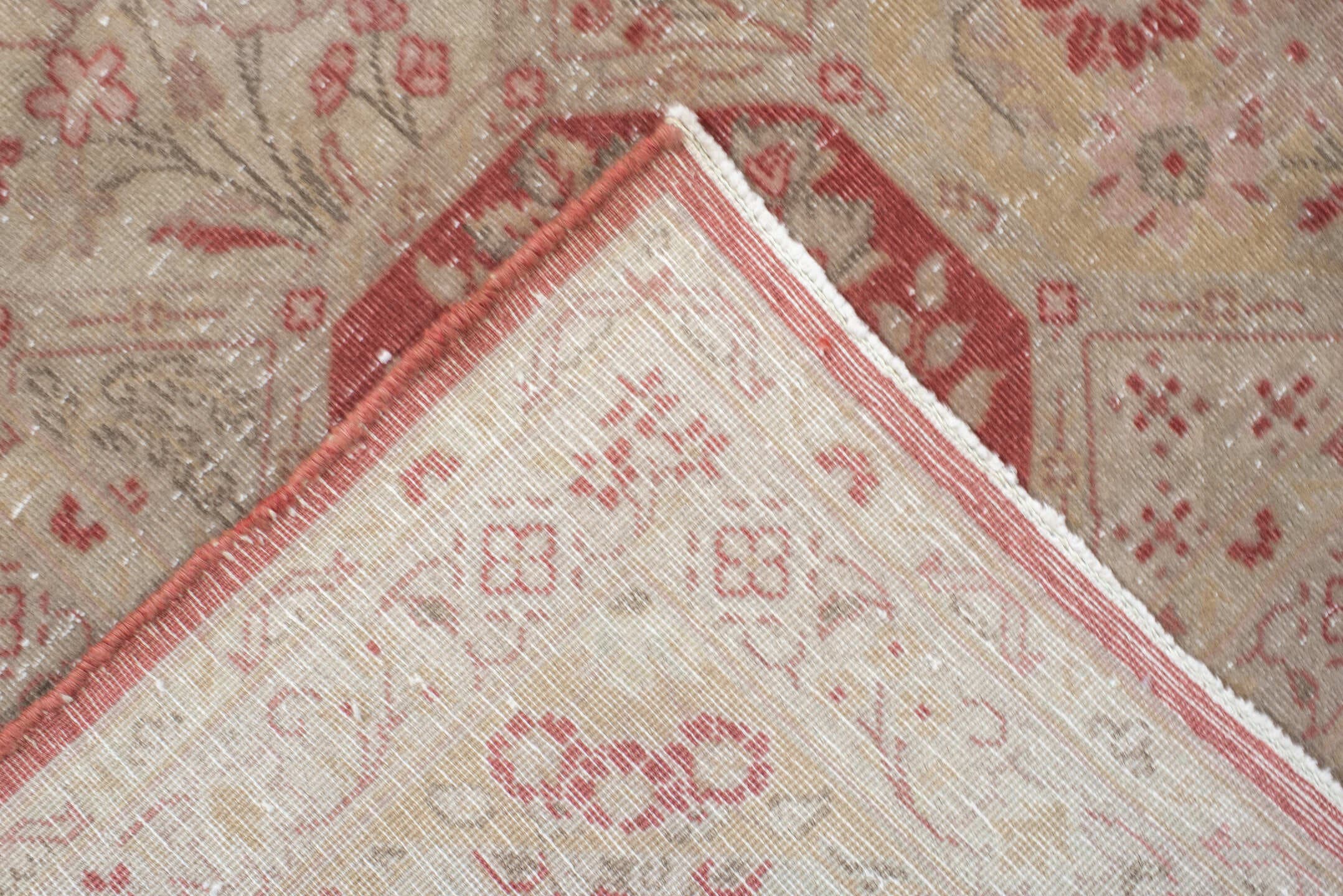 6' x 8' one-of-a-kind handmade antique Tabriz medium size rug. Color palette: ivory, rose, dusty red, blush, sage, beige