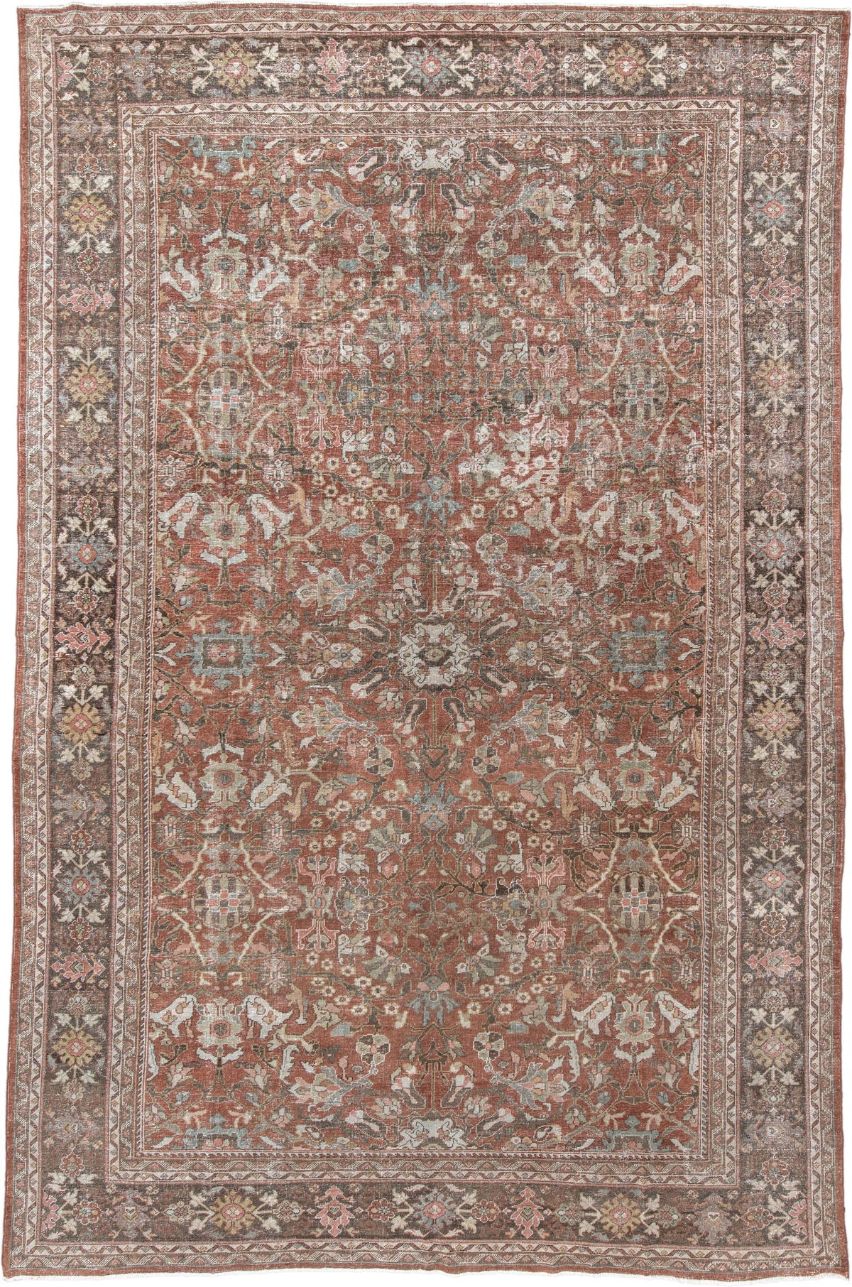 10' x 16' one-of-a-kind handmade antique Mahal rug. Color palette: terra cotta, taupe, brown, ivory, sage, slate, rose