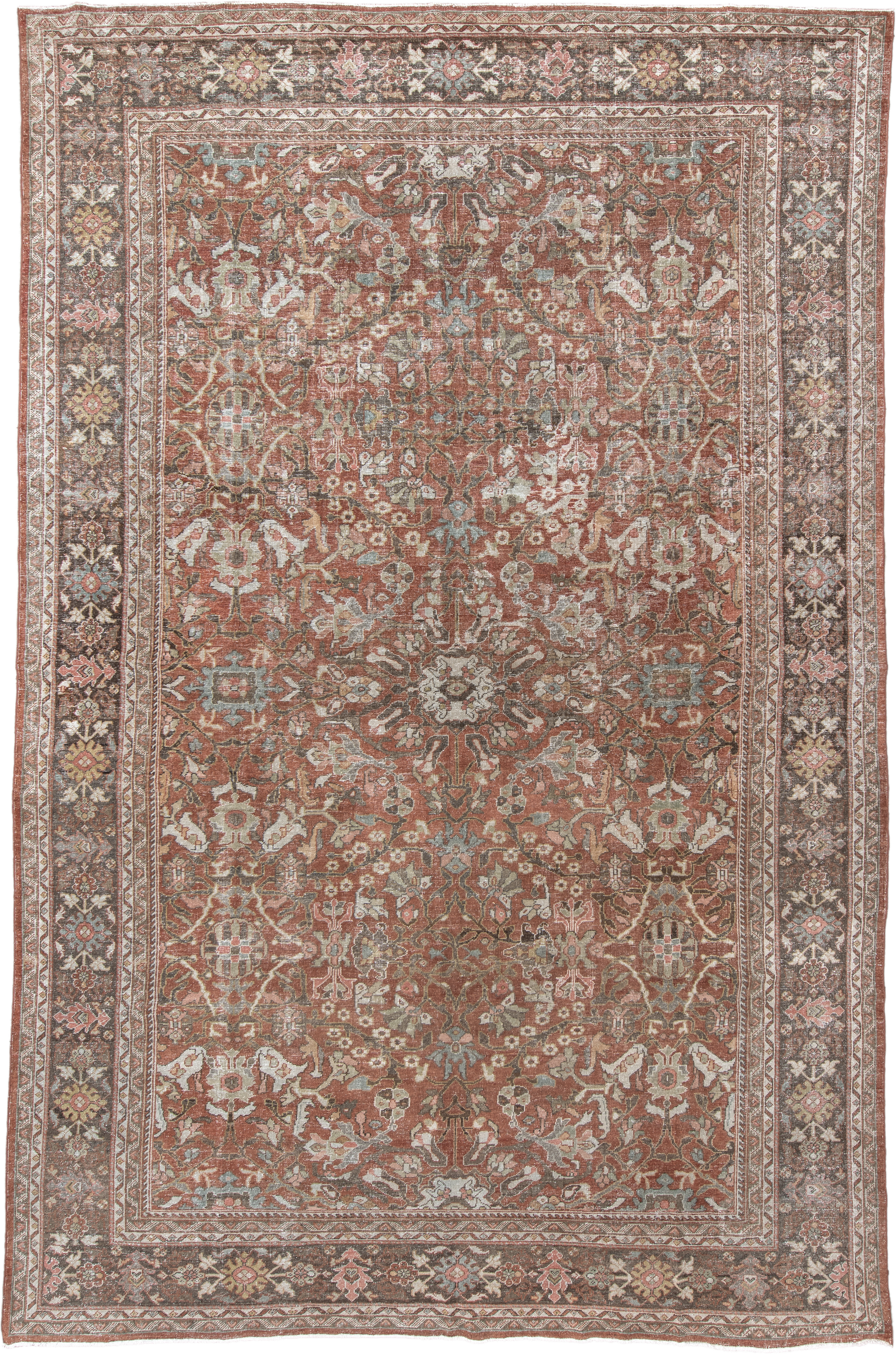 10' x 16' one-of-a-kind handmade antique Mahal rug. Color palette: terra cotta, taupe, brown, ivory, sage, slate, rose