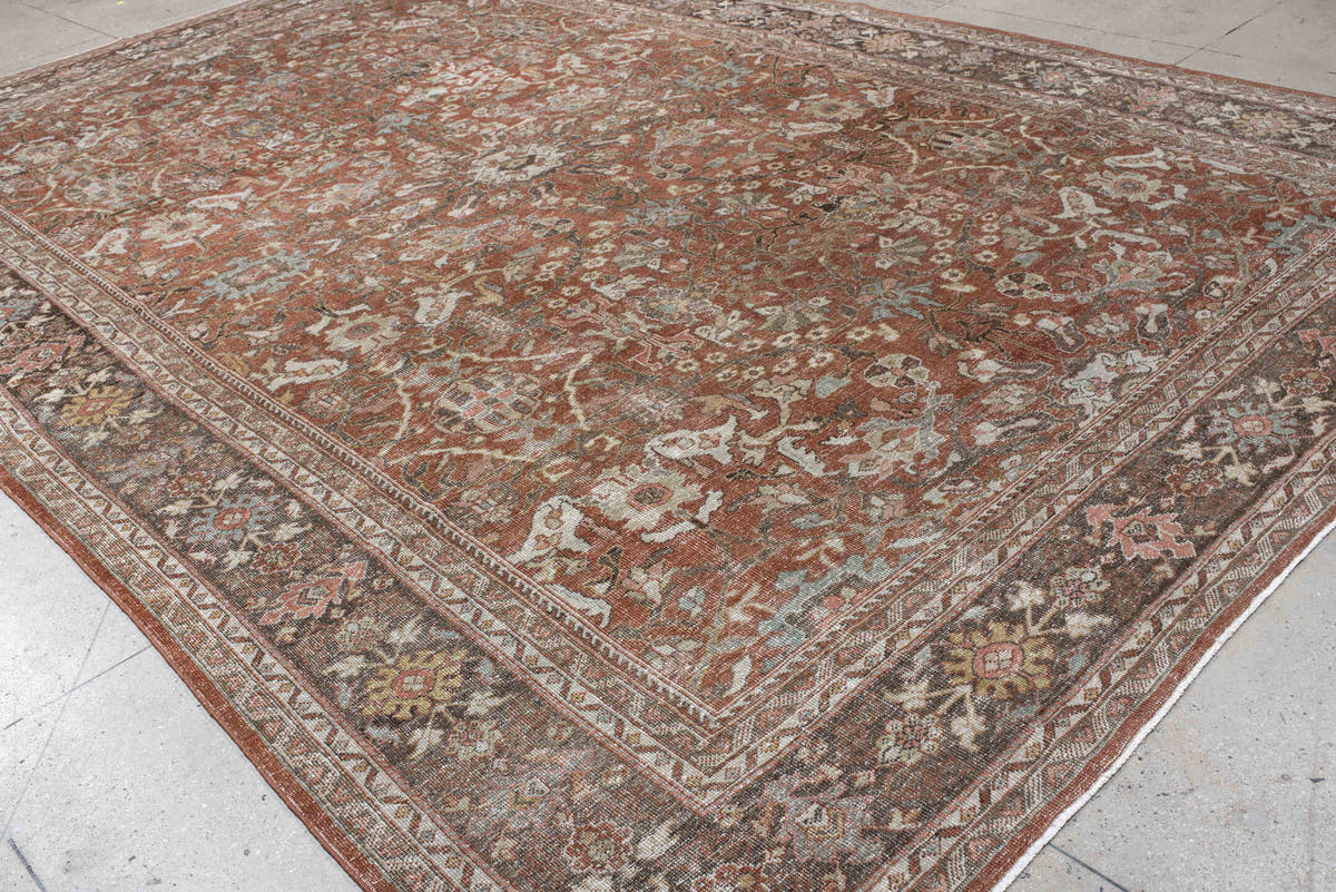 10' x 16' one-of-a-kind handmade antique Mahal rug. Color palette: terra cotta, taupe, brown, ivory, sage, slate, rose
