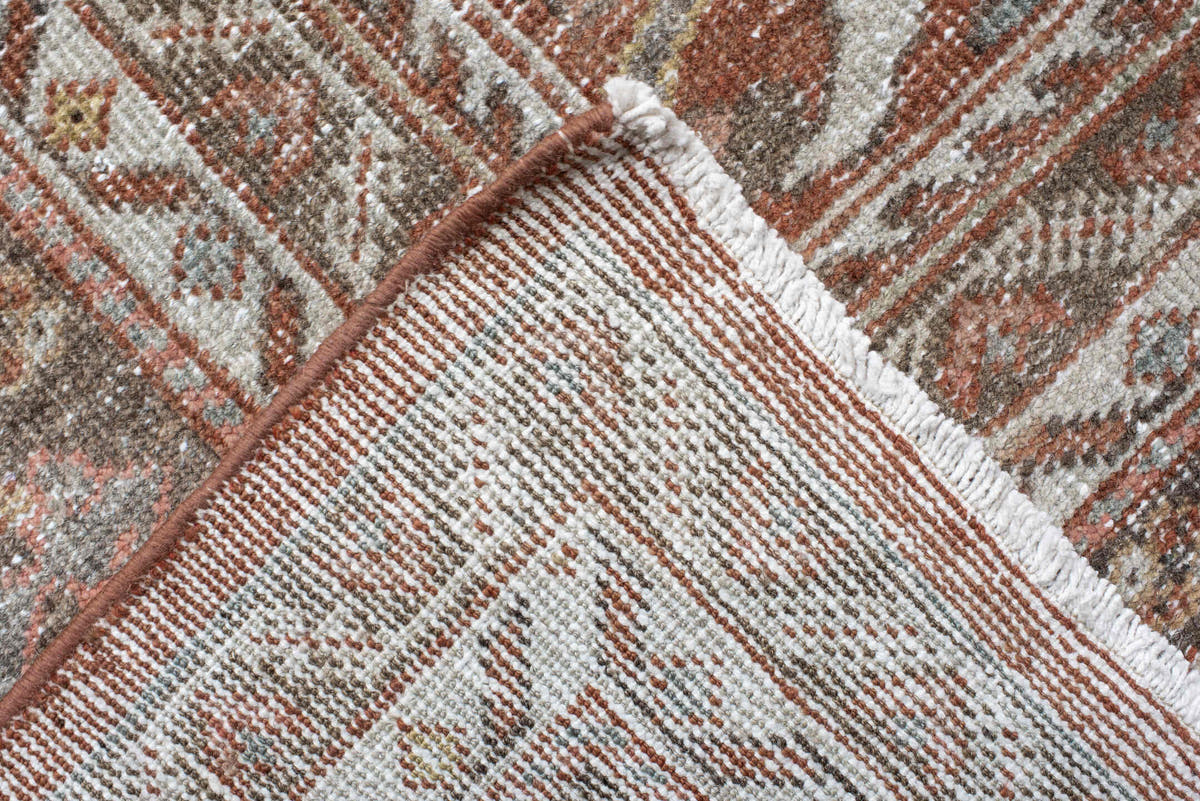 10' x 16' one-of-a-kind handmade antique Mahal rug. Color palette: terra cotta, taupe, brown, ivory, sage, slate, rose