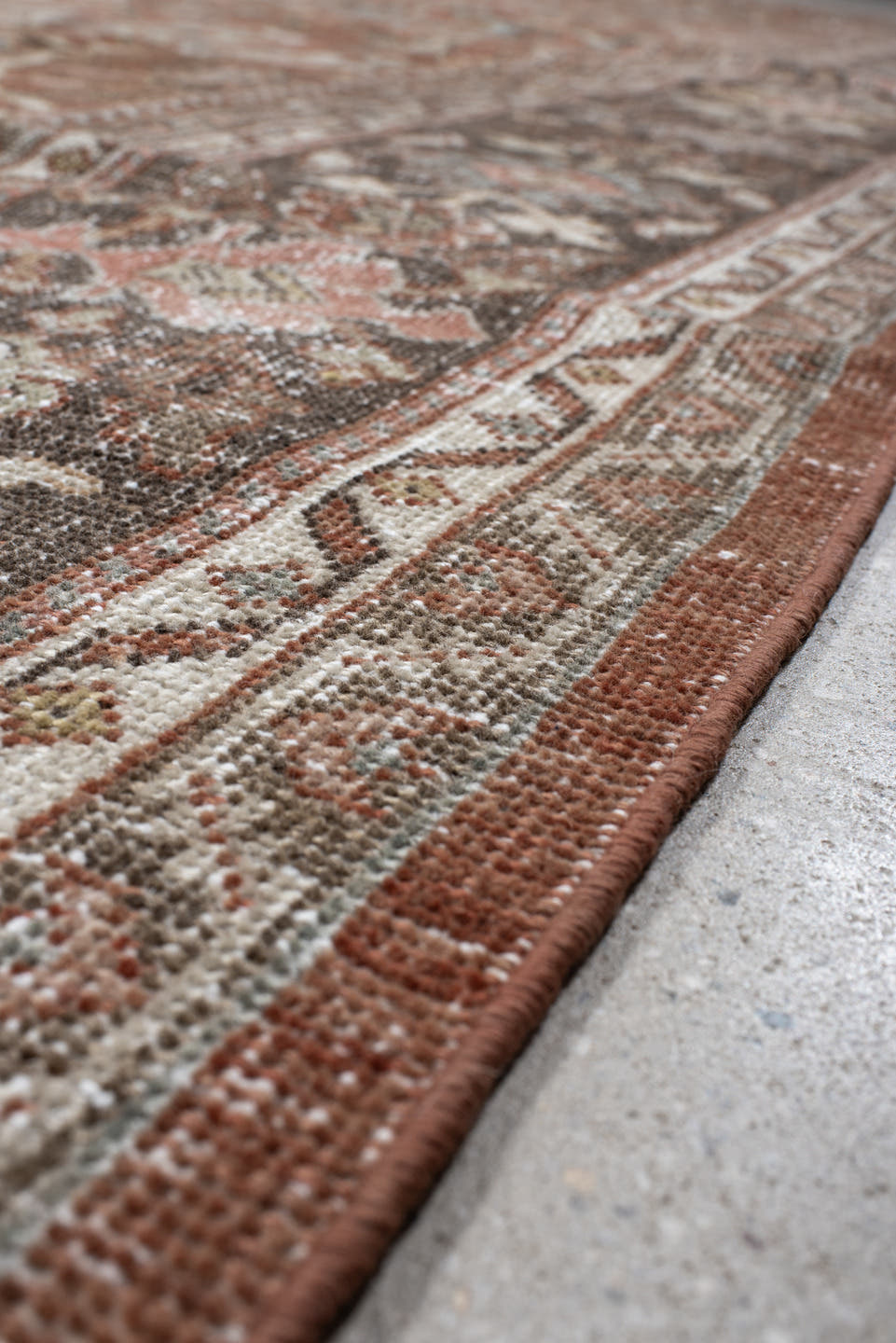 10' x 16' one-of-a-kind handmade antique Mahal rug. Color palette: terra cotta, taupe, brown, ivory, sage, slate, rose