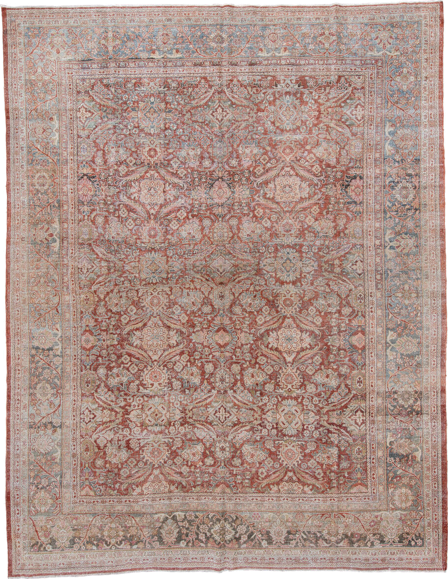 10' x 13' one-of-a-kind handmade vintage Mahal large size rug. Color palette: light gray, off-white, gray, red, brown, pink