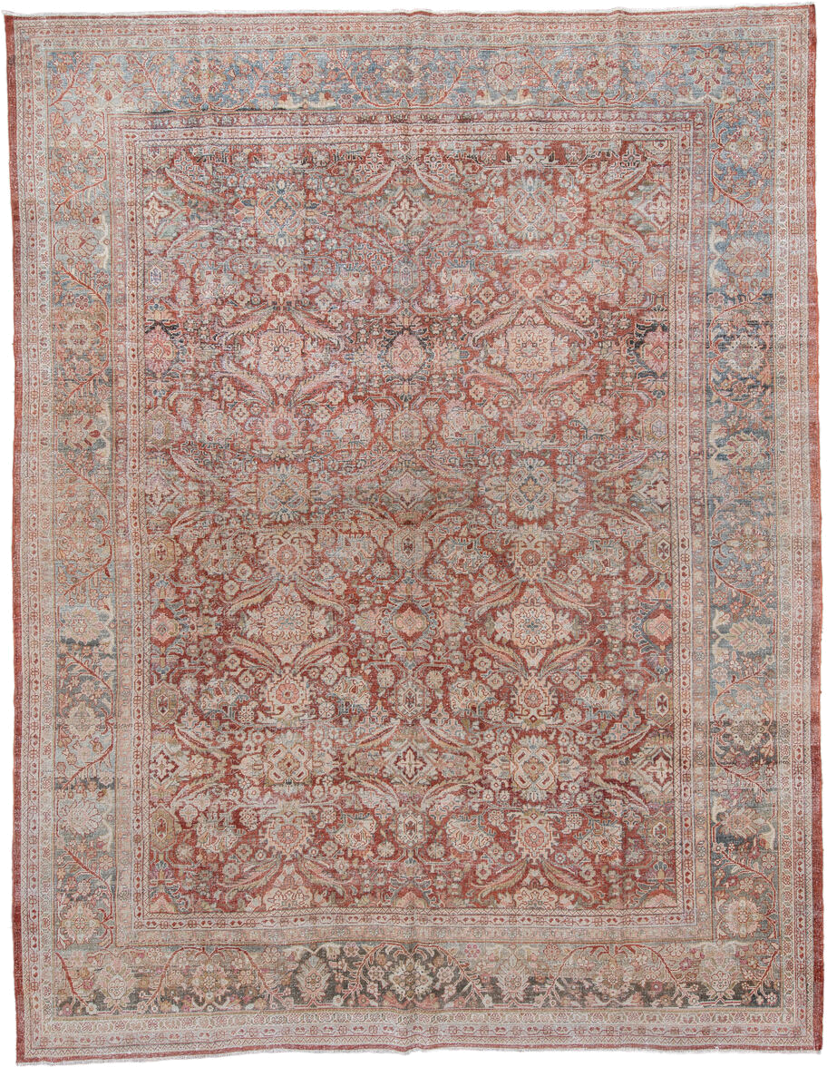 10' x 13' one-of-a-kind handmade antique Mahal large size rug. Color palette: terra cotta, ivory, powder blue, rose, taupe