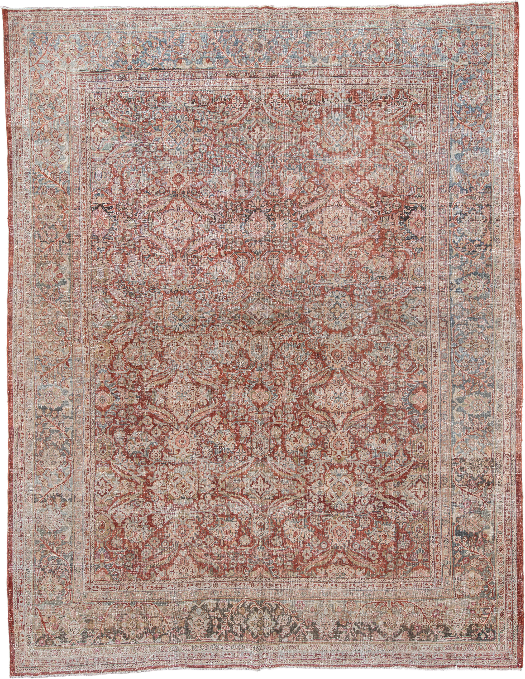 10' x 13' one-of-a-kind handmade antique Mahal large size rug. Color palette: terra cotta, ivory, powder blue, rose, taupe
