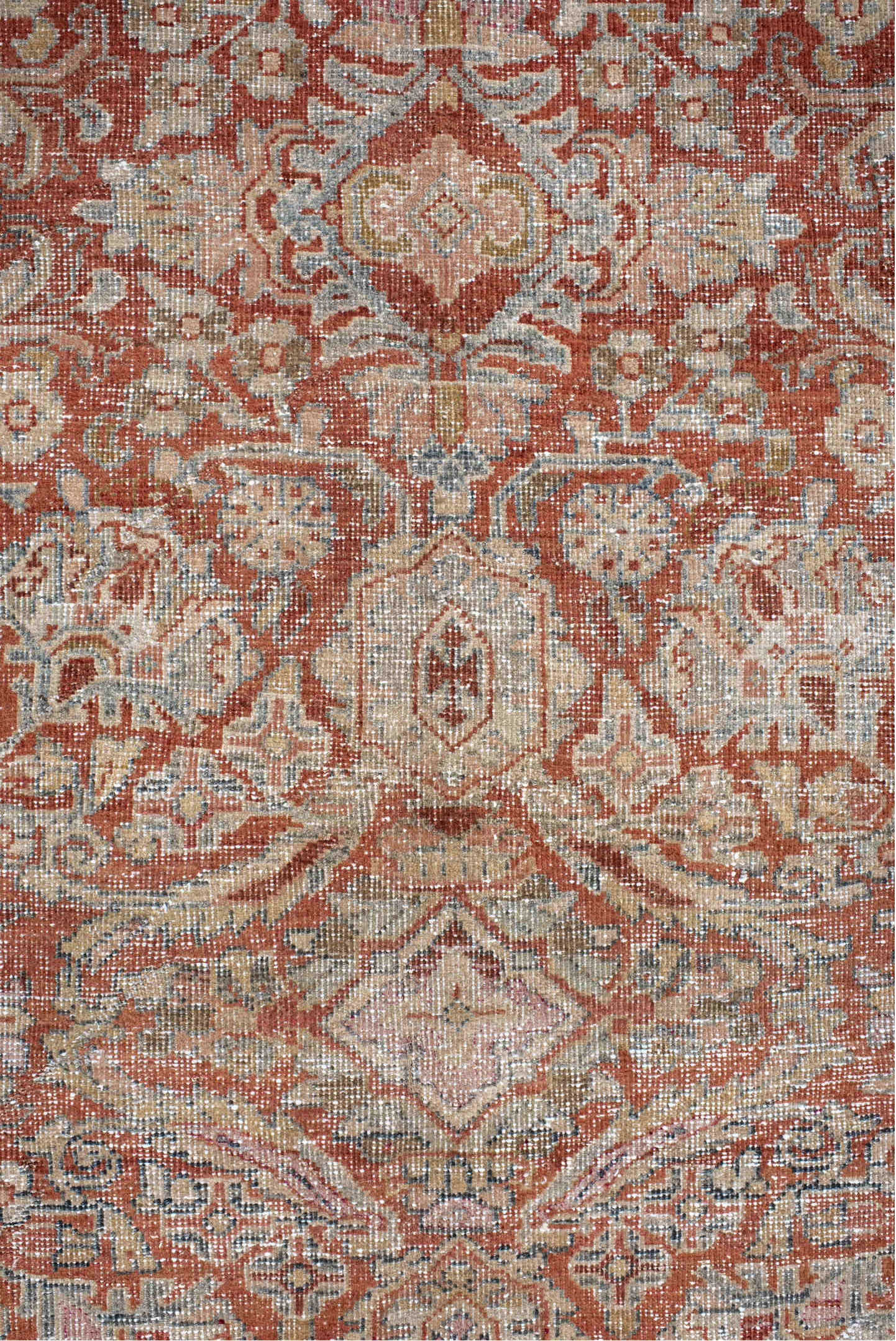 10' x 13' one-of-a-kind handmade vintage Mahal large size rug. Color palette: light gray, off-white, gray, red, brown, pink