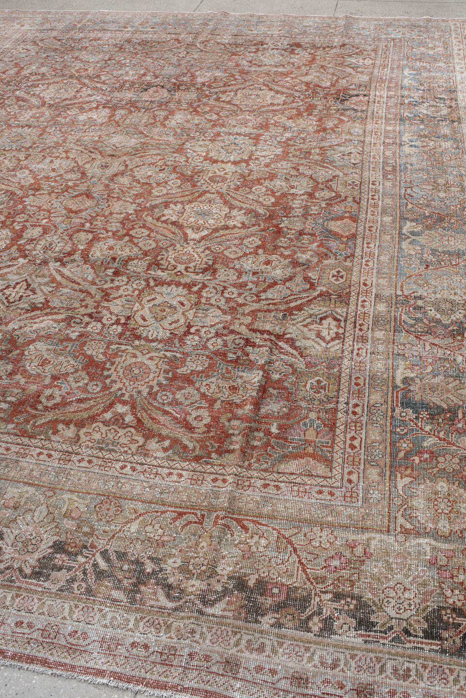 10' x 13' one-of-a-kind handmade antique Mahal large size rug. Color palette: terra cotta, ivory, powder blue, rose, taupe