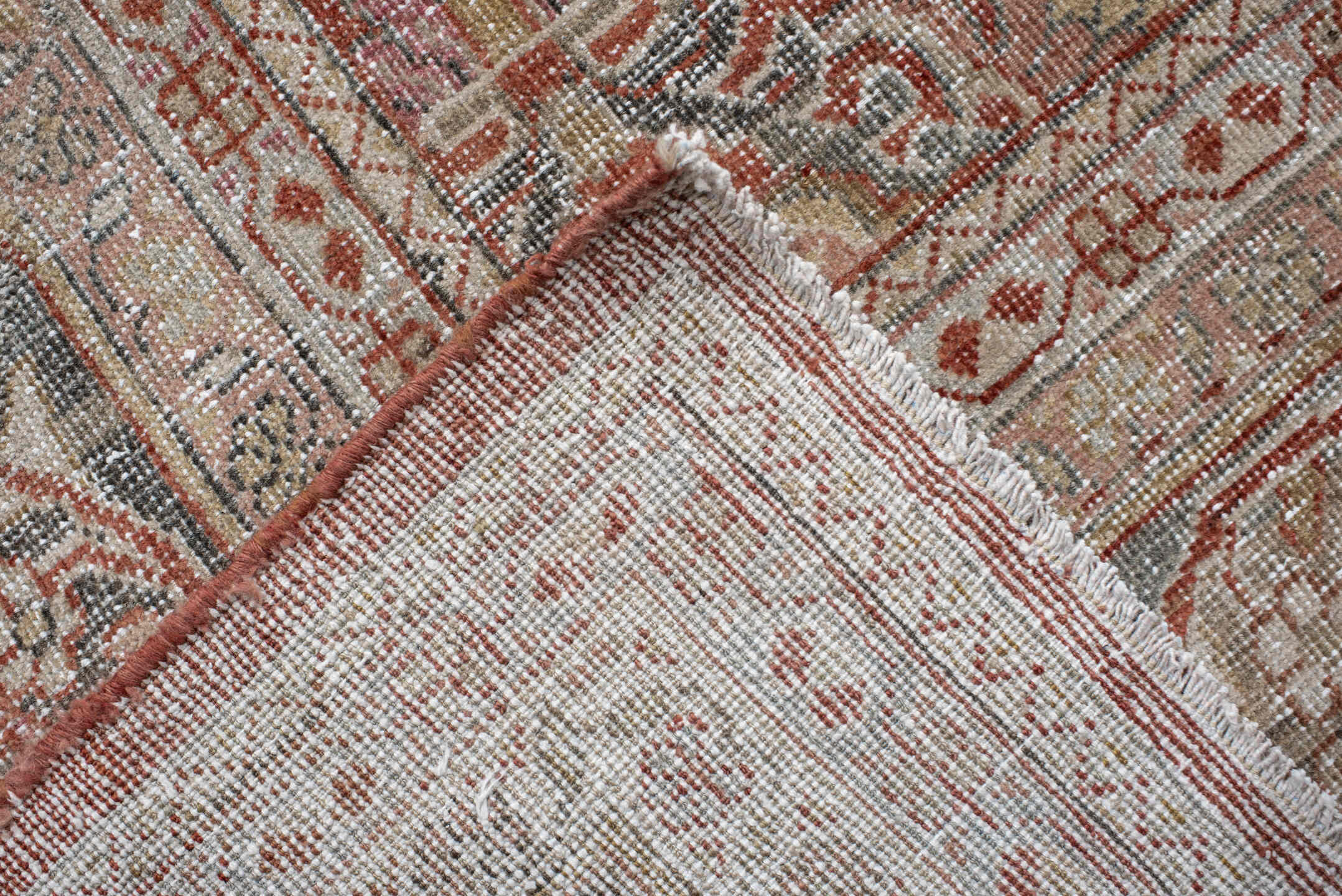 10' x 13' one-of-a-kind handmade antique Mahal large size rug. Color palette: terra cotta, ivory, powder blue, rose, taupe