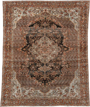 10' x 13' one-of-a-kind handmade antique Baktiary large size rug. Color palette: rust, charcoal, ivory, taupe, terra cotta