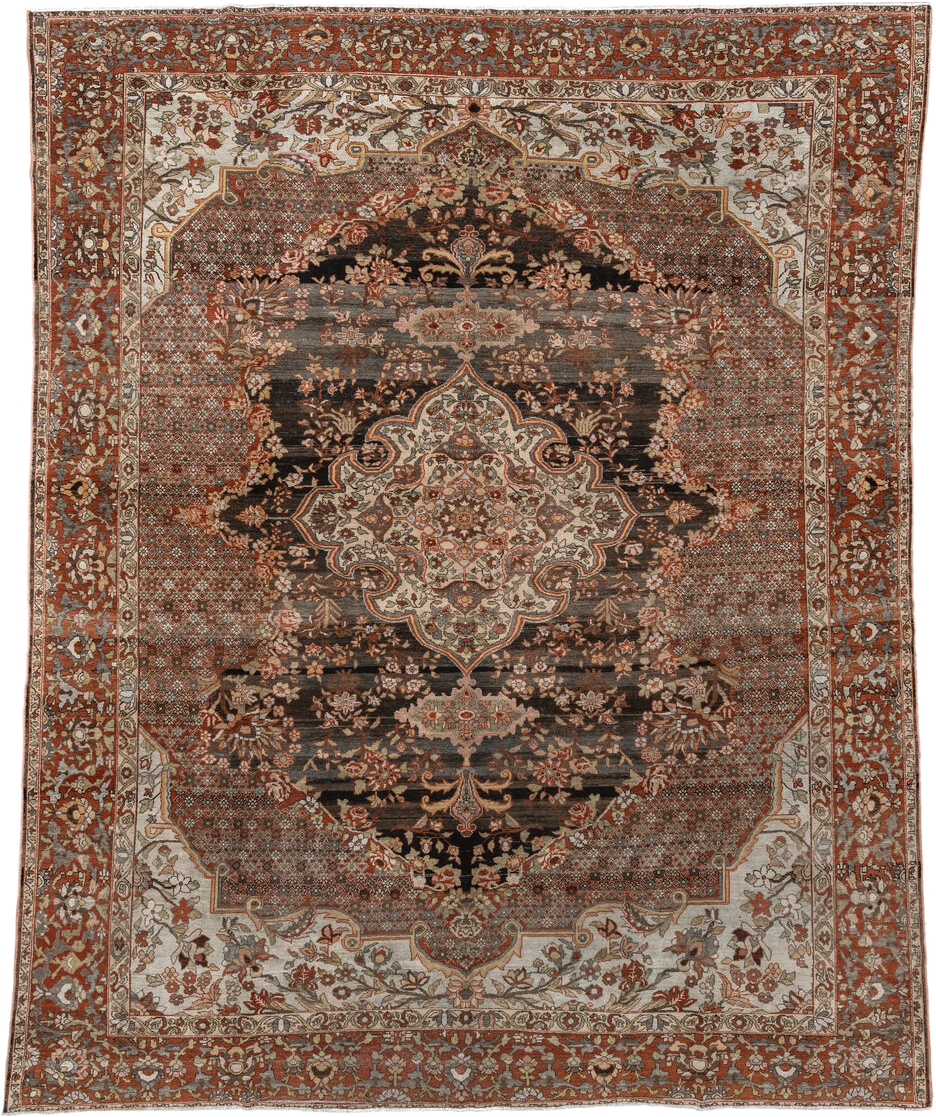 10' x 13' one-of-a-kind handmade antique Baktiary large size rug. Color palette: rust, charcoal, ivory, taupe, terra cotta