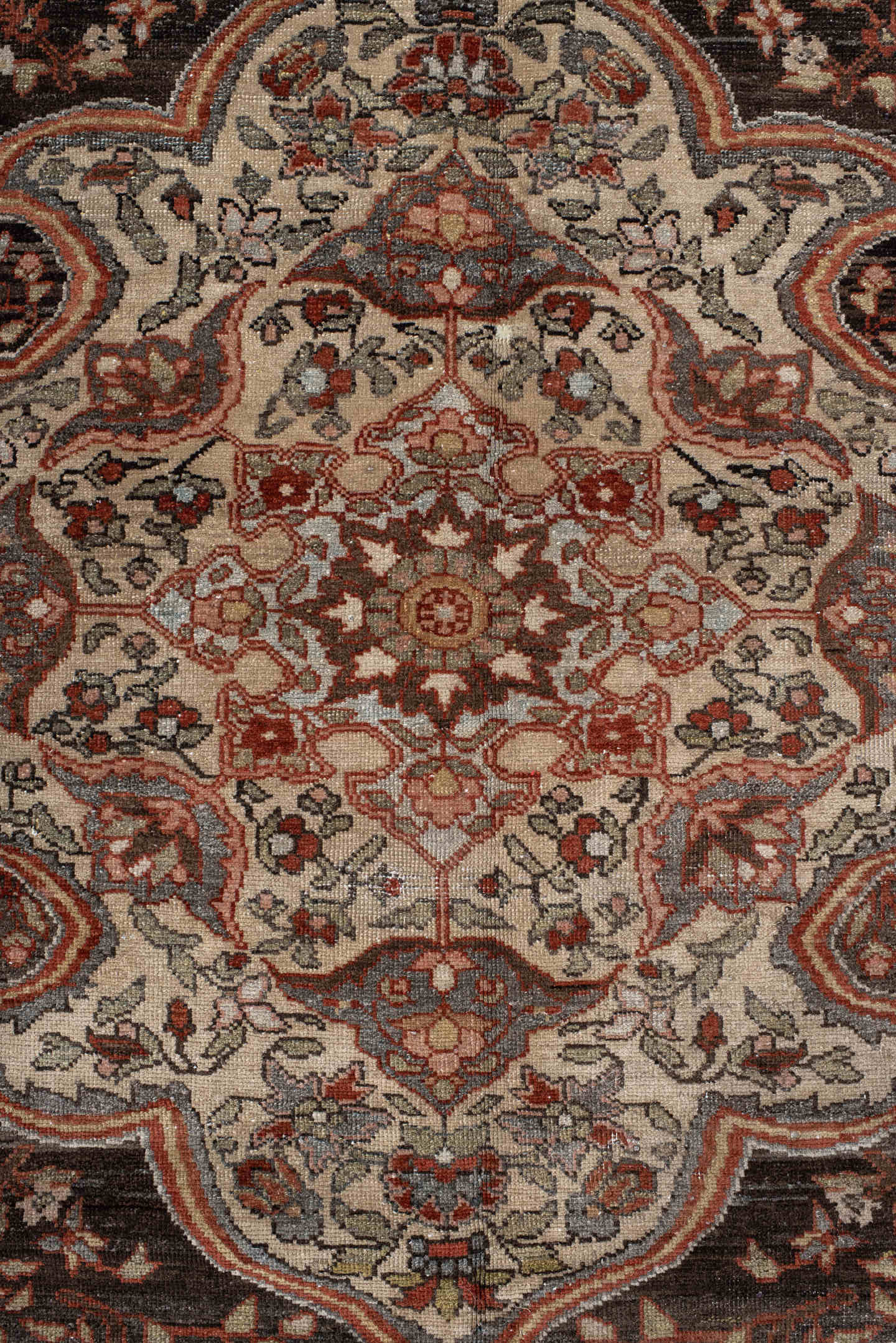 10' x 13' one-of-a-kind handmade antique Baktiary large size rug. Color palette: rust, charcoal, ivory, taupe, terra cotta