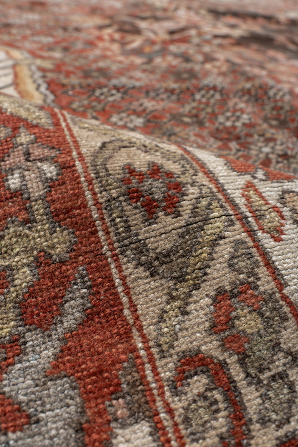 10' x 13' one-of-a-kind handmade antique Baktiary large size rug. Color palette: rust, charcoal, ivory, taupe, terra cotta