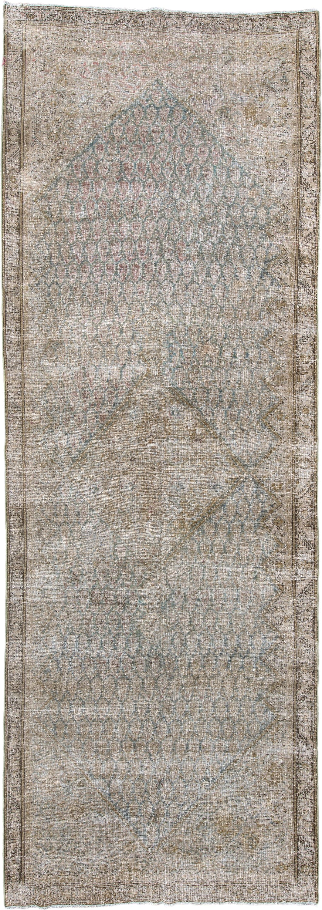 5' x 15' one-of-a-kind handmade antique Saraband rug. Color palette: ivory, taupe, sage, pale blue, beige, camel, rose