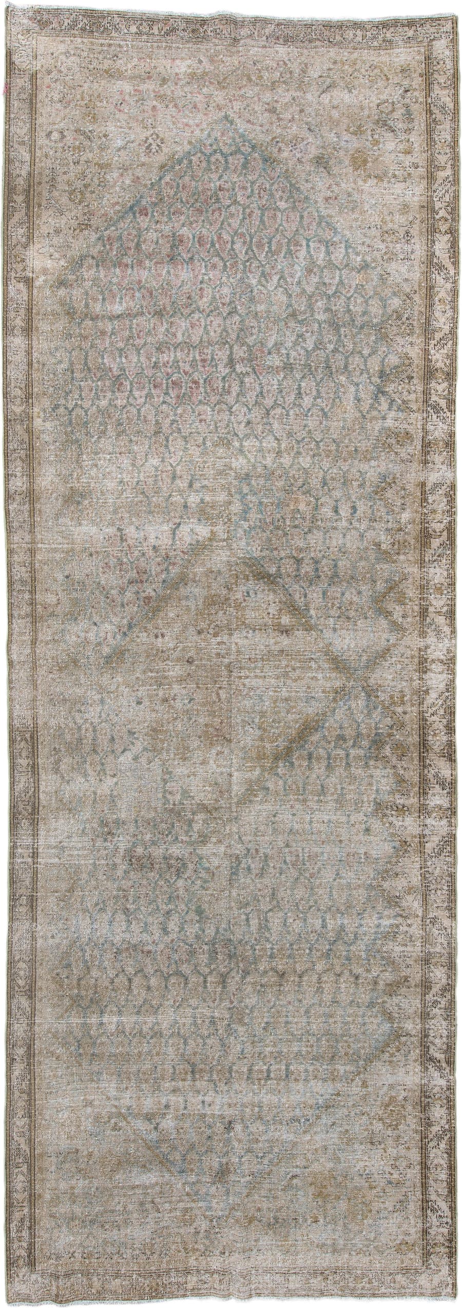 5' x 15' one-of-a-kind handmade antique Saraband rug. Color palette: ivory, taupe, sage, pale blue, beige, camel, rose
