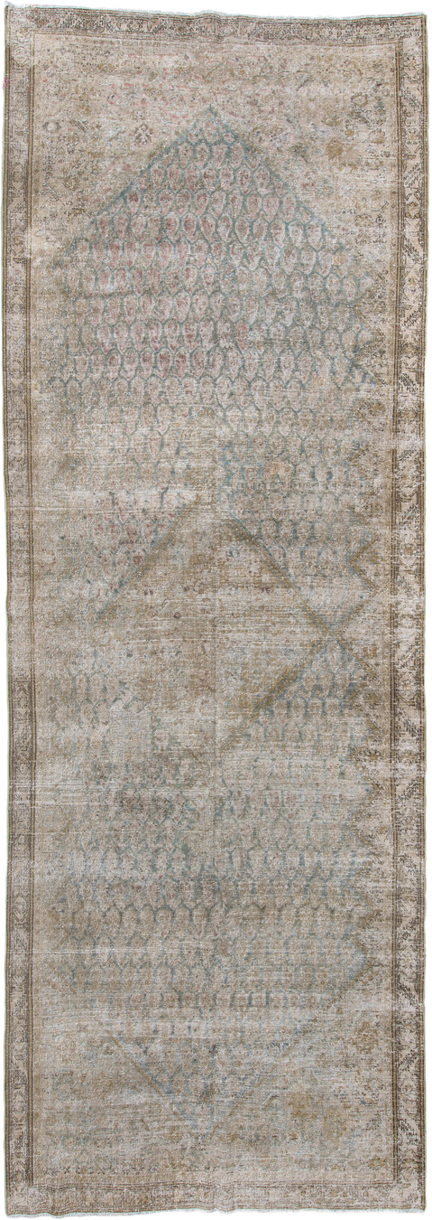 5' x 15' one-of-a-kind handmade antique Saraband rug. Color palette: ivory, taupe, sage, pale blue, beige, camel, rose