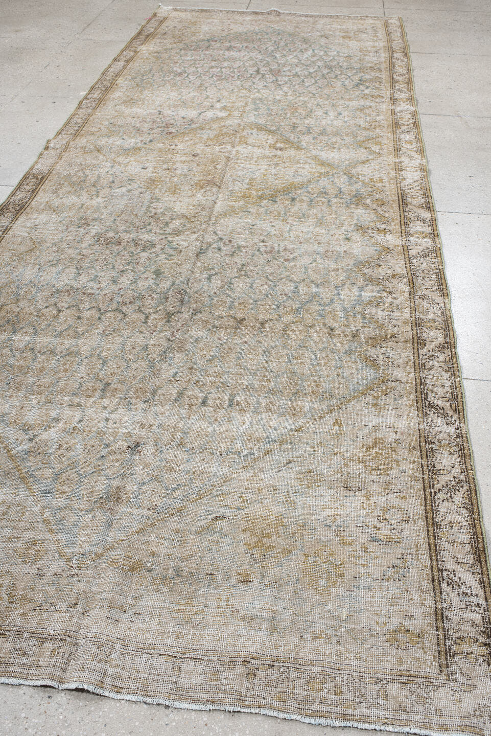5' x 15' one-of-a-kind handmade antique Saraband rug. Color palette: ivory, taupe, sage, pale blue, beige, camel, rose