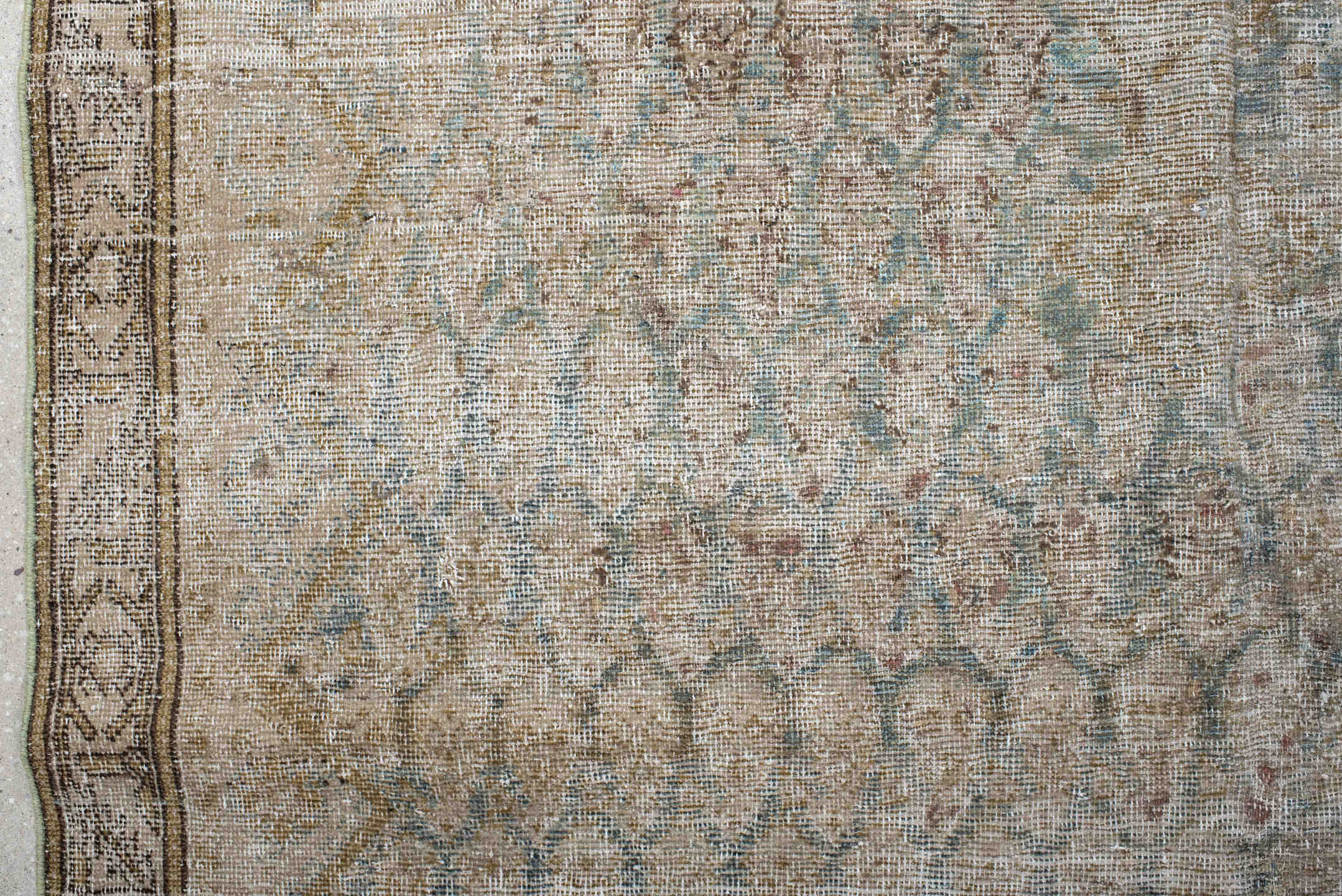 5' x 15' one-of-a-kind handmade antique Saraband rug. Color palette: ivory, taupe, sage, pale blue, beige, camel, rose
