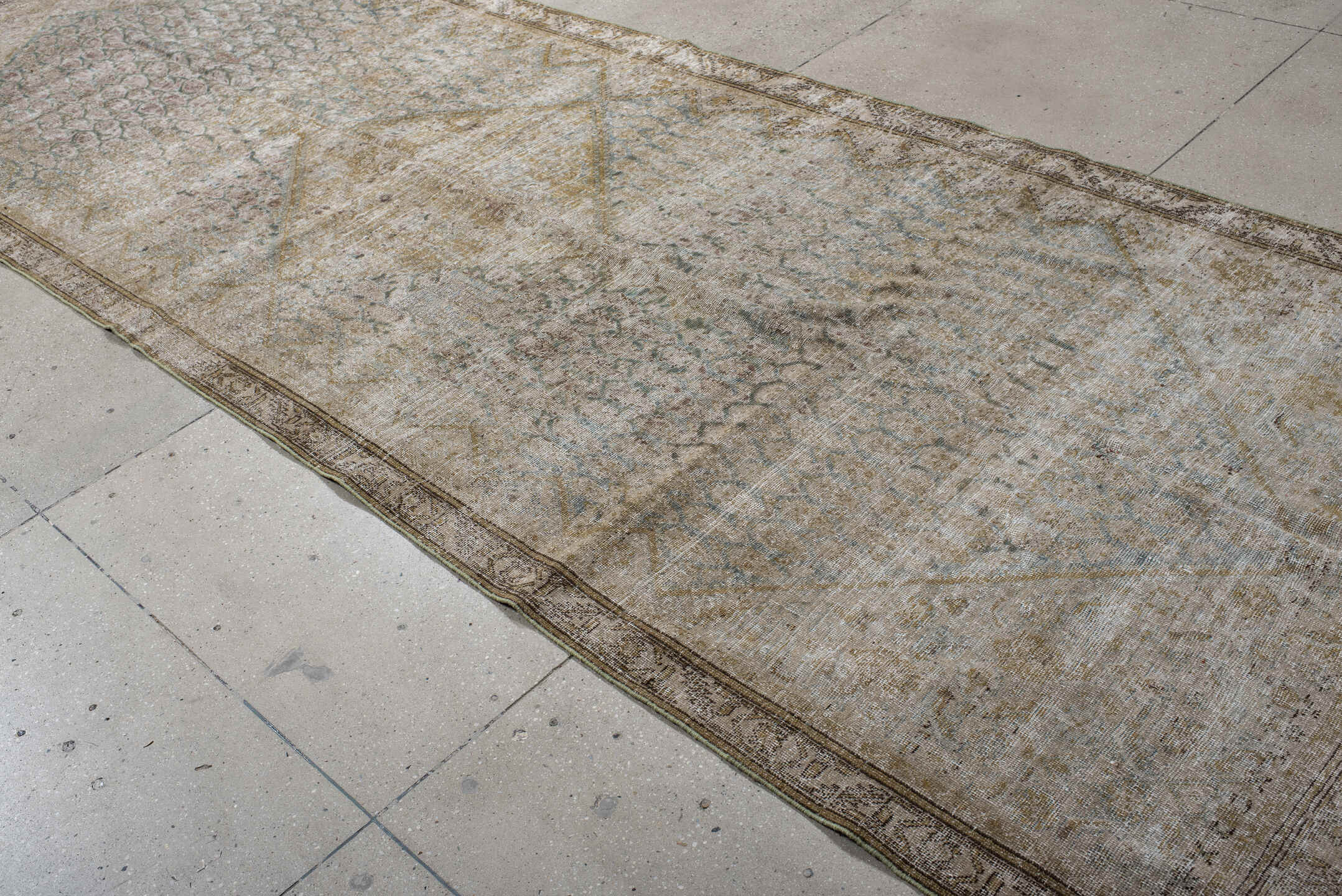 5' x 15' one-of-a-kind handmade antique Saraband rug. Color palette: ivory, taupe, sage, pale blue, beige, camel, rose