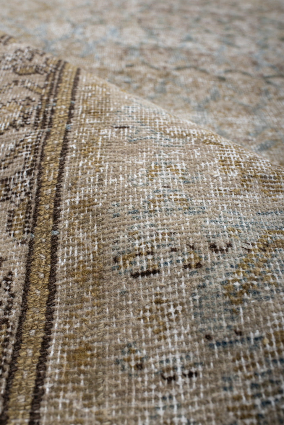 5' x 15' one-of-a-kind handmade antique Saraband rug. Color palette: ivory, taupe, sage, pale blue, beige, camel, rose