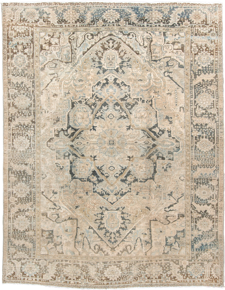 8' x 10' one-of-a-kind handmade antique Heriz large size rug. Color palette: ivory, taupe, slate, charcoal, beige, pale blue