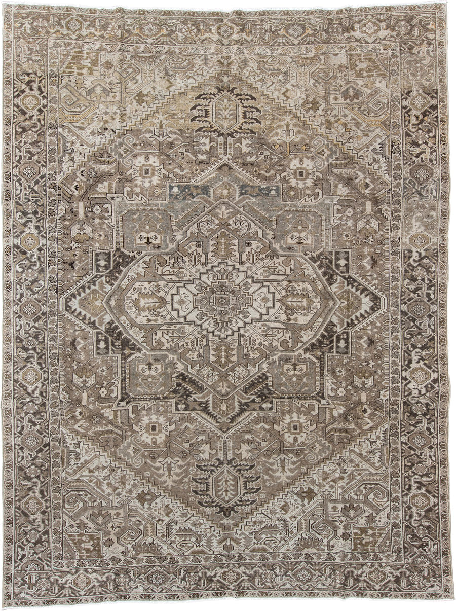 9' x 12' one-of-a-kind handmade antique Heriz large size rug. Color palette: taupe, ivory, brown, camel, charcoal, beige