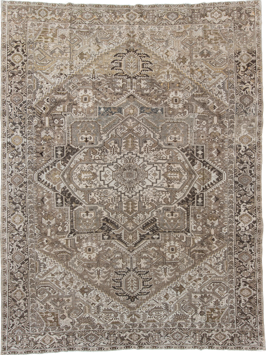 9' x 12' one-of-a-kind handmade vintage Heriz large size rug. Color palette: brown, gray, light gray, off-white, pink