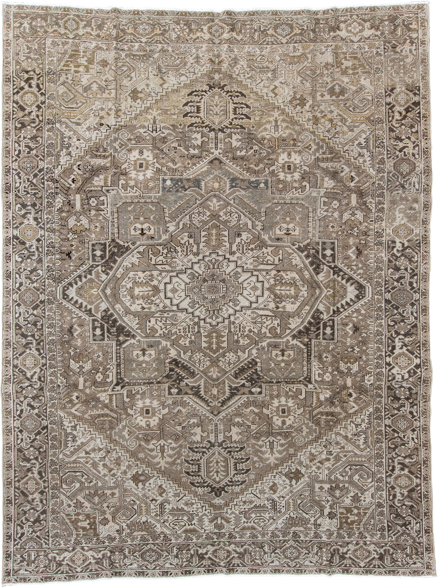 9' x 12' one-of-a-kind handmade antique Heriz large size rug. Color palette: taupe, ivory, brown, camel, charcoal, beige
