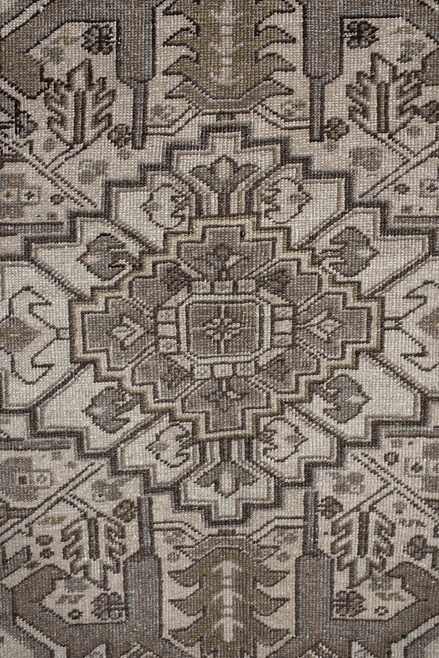 9' x 12' one-of-a-kind handmade antique Heriz large size rug. Color palette: taupe, ivory, brown, camel, charcoal, beige