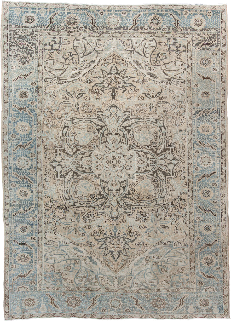 8' x 11' one-of-a-kind handmade antique Heriz large size rug. Color palette: ivory, sky blue, taupe, charcoal, beige, slate