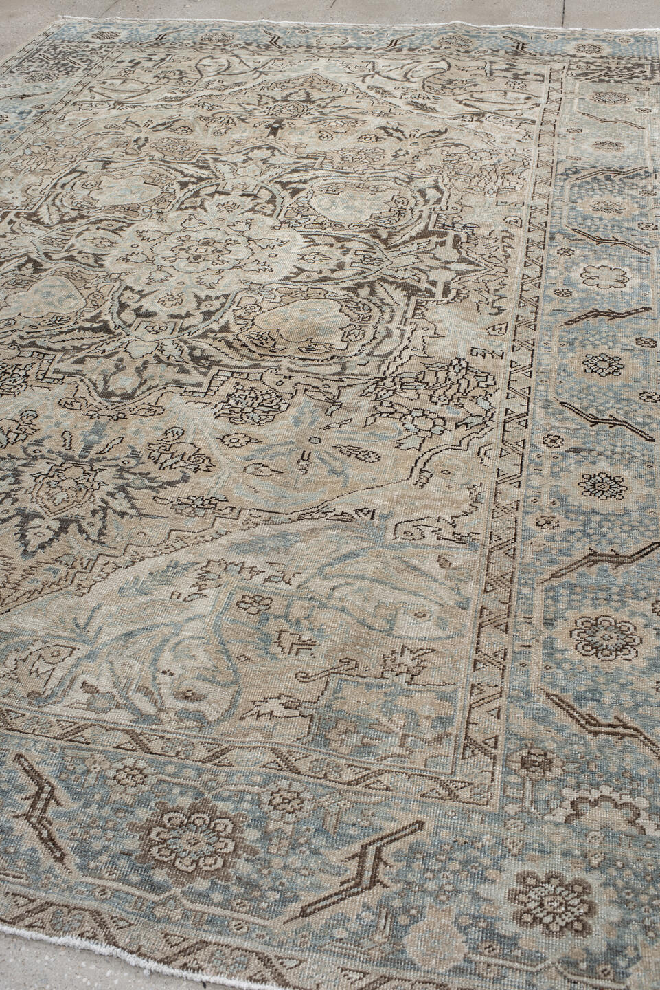 8' x 11' one-of-a-kind handmade antique Heriz large size rug. Color palette: ivory, sky blue, taupe, charcoal, beige, slate