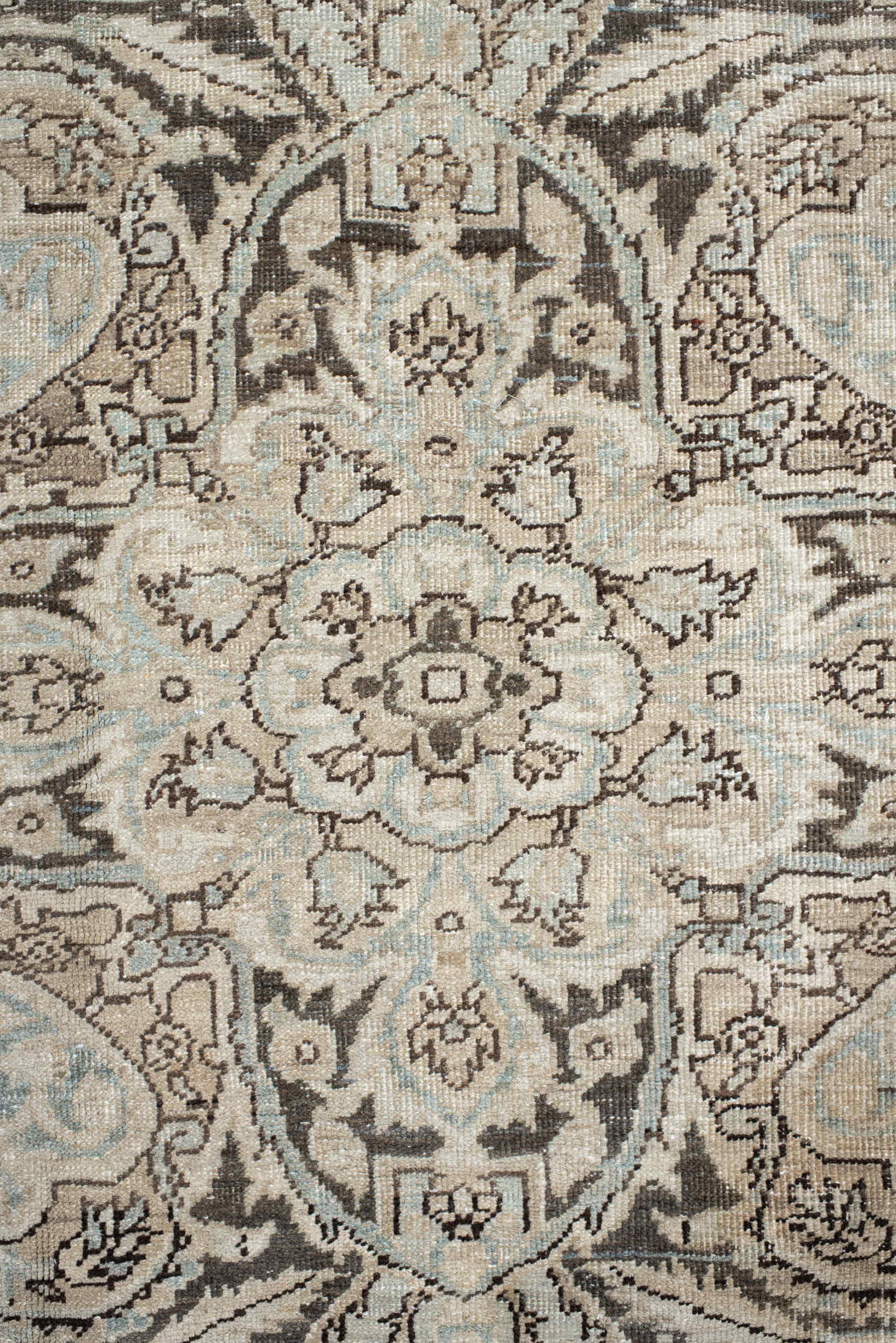 8' x 11' one-of-a-kind handmade antique Heriz large size rug. Color palette: ivory, sky blue, taupe, charcoal, beige, slate