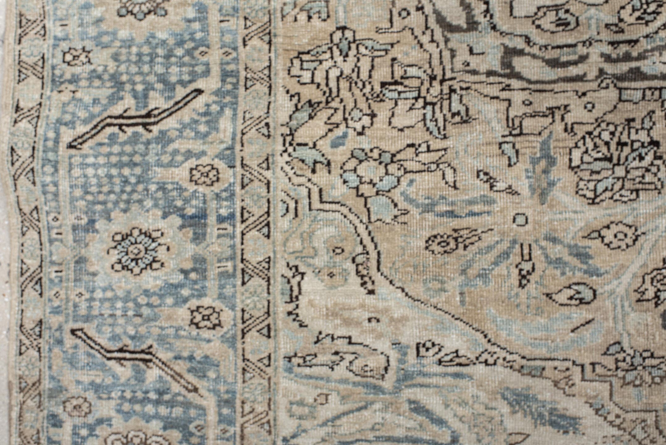 8' x 11' one-of-a-kind handmade antique Heriz large size rug. Color palette: ivory, sky blue, taupe, charcoal, beige, slate