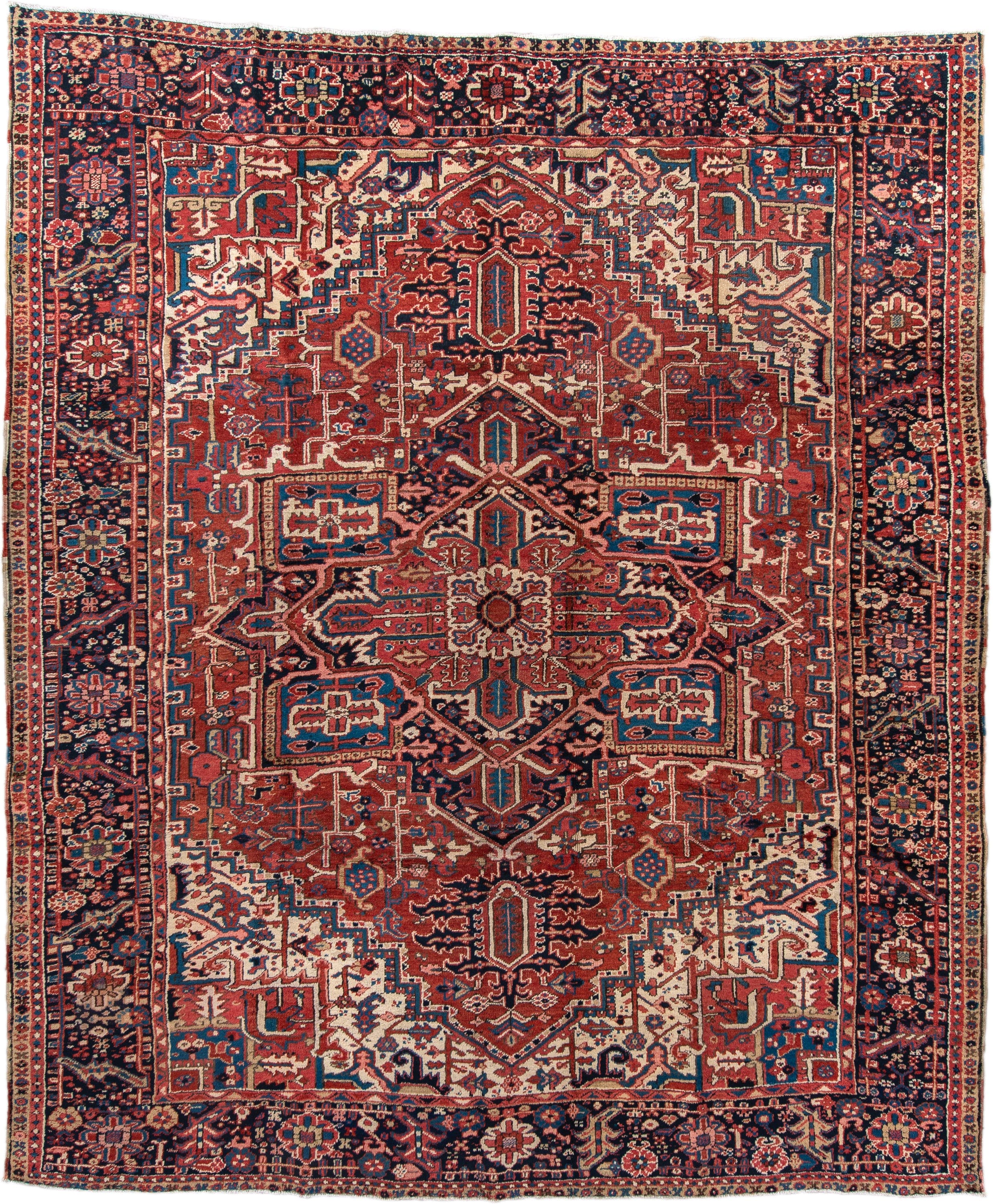 9' x 10' one-of-a-kind handmade antique Heriz large size rug. Color palette: rust, navy, ivory, sky_blue, crimson, camel