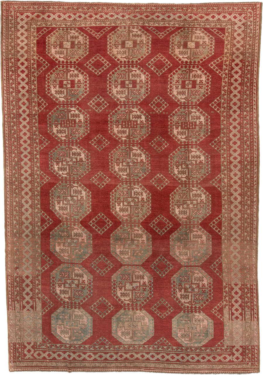 8' x 12' one-of-a-kind handmade antique Afghan large size rug. Color palette: rust, ivory, rose, sage, terra cotta, taupe
