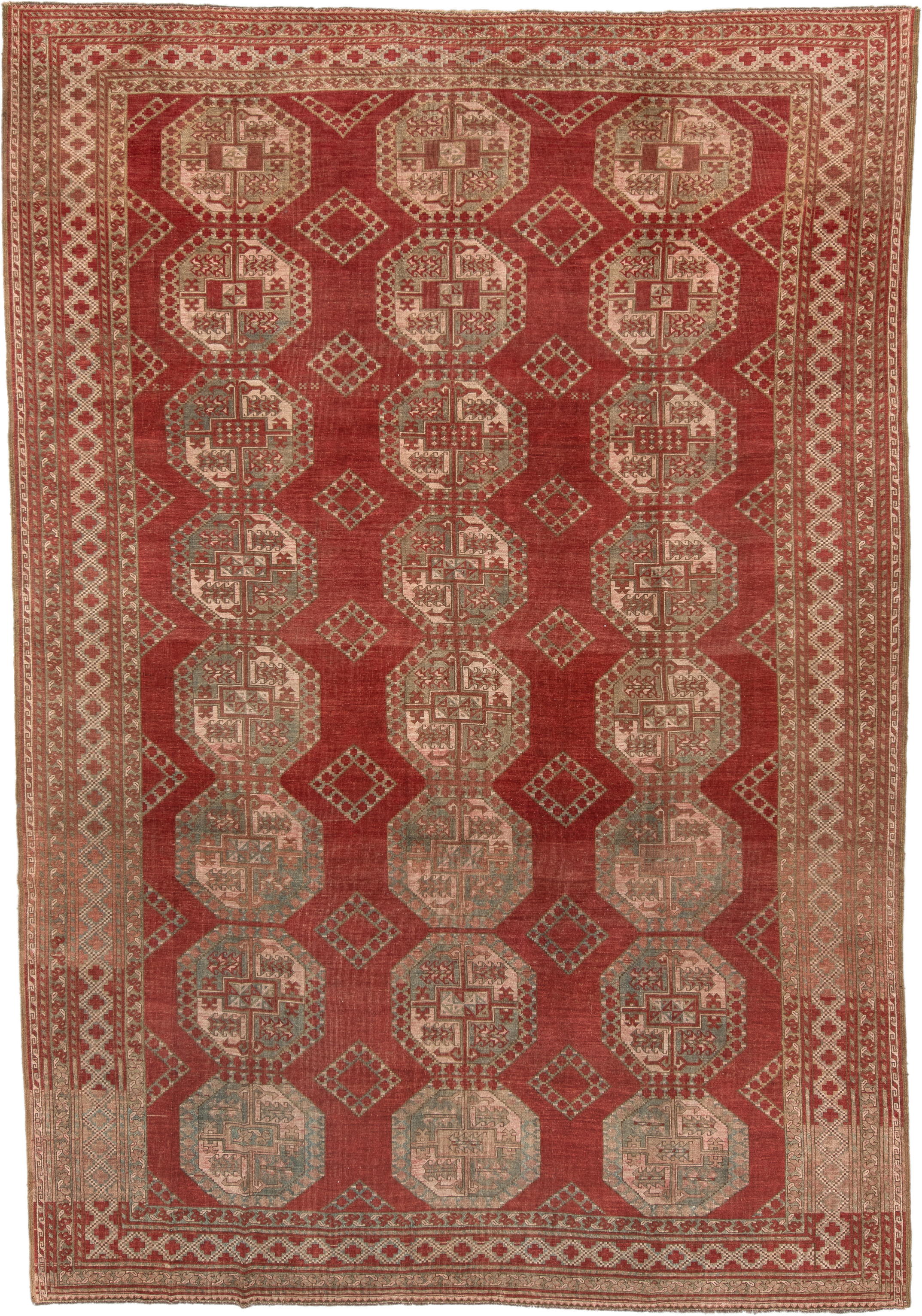 8' x 12' one-of-a-kind handmade antique Afghan large size rug. Color palette: rust, ivory, rose, sage, terra cotta, taupe