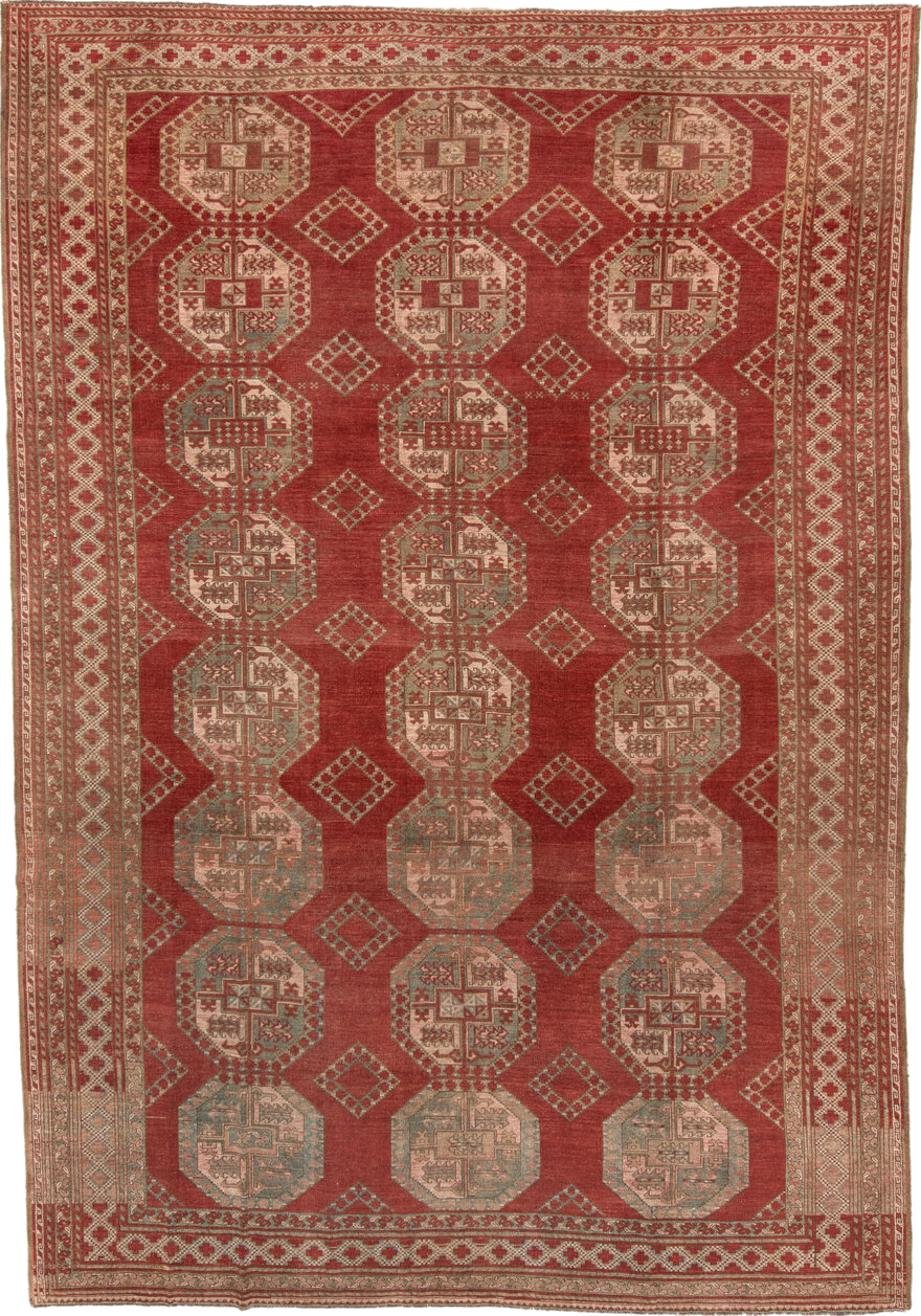 8' x 12' one-of-a-kind handmade vintage Afghan large size rug. Color palette: brown, gray, pink, red