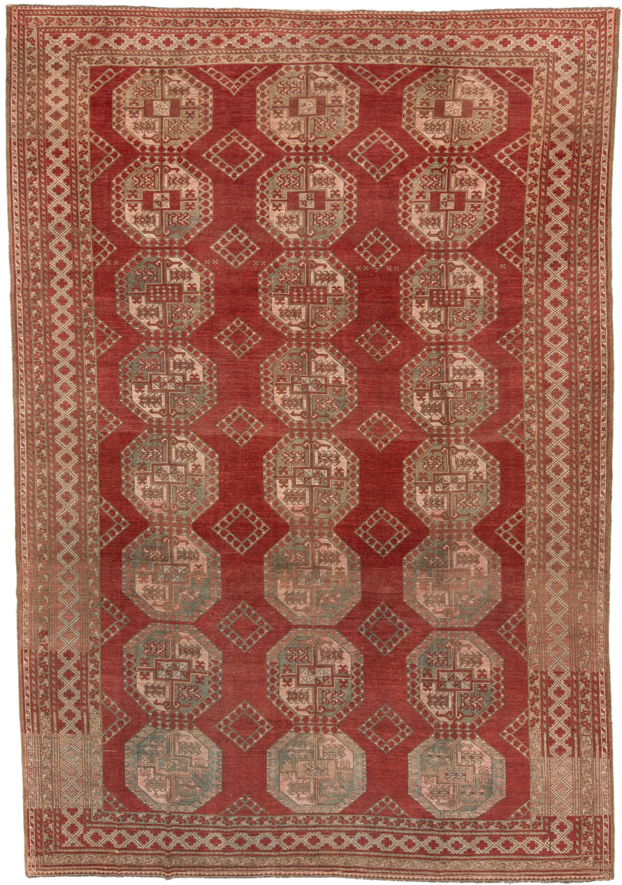8' x 12' one-of-a-kind handmade antique Afghan large size rug. Color palette: rust, ivory, rose, sage, terra cotta, taupe