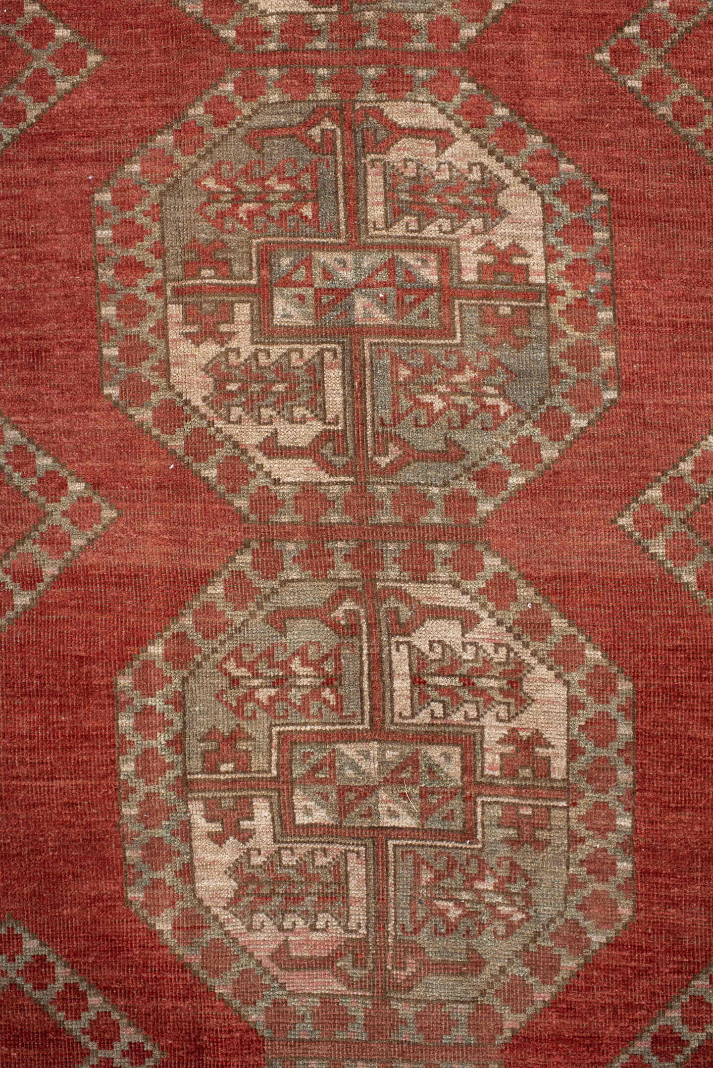 8' x 12' one-of-a-kind handmade antique Afghan large size rug. Color palette: rust, ivory, rose, sage, terra cotta, taupe