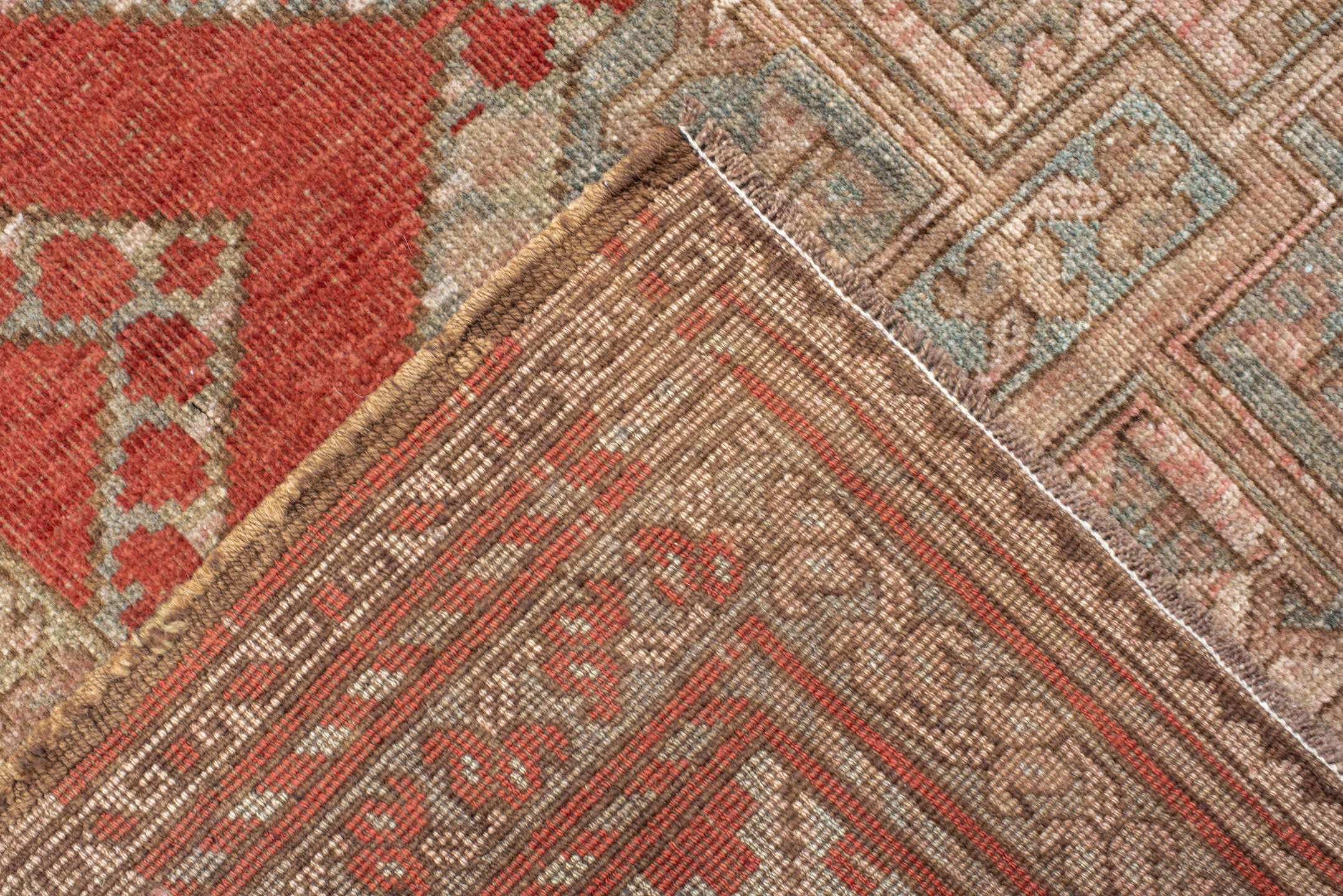 8' x 12' one-of-a-kind handmade antique Afghan large size rug. Color palette: rust, ivory, rose, sage, terra cotta, taupe