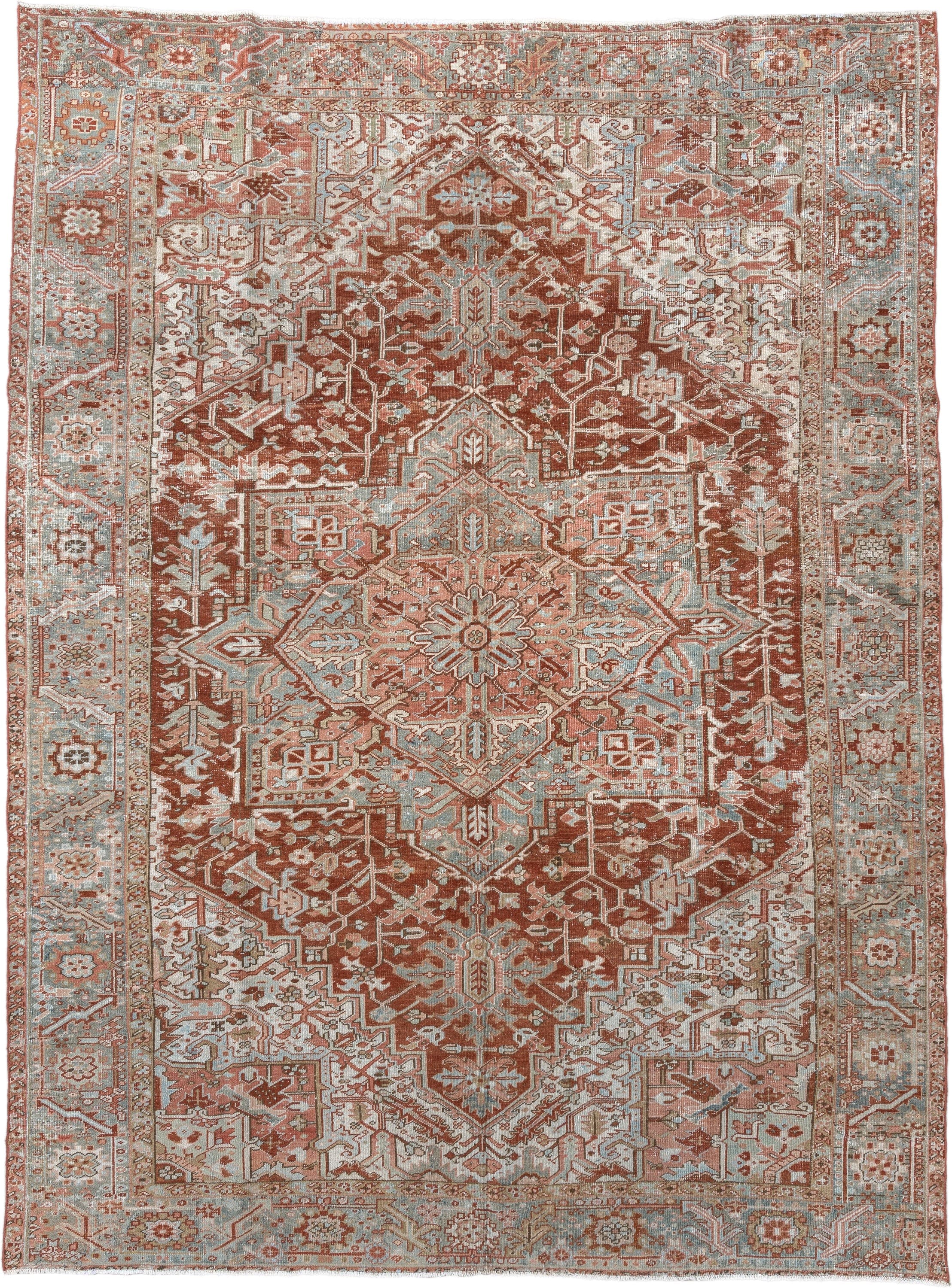 8' x 11' one-of-a-kind handmade vintage Heriz large size rug. Color palette: rust, pale blue, ivory, terra cotta, taupe