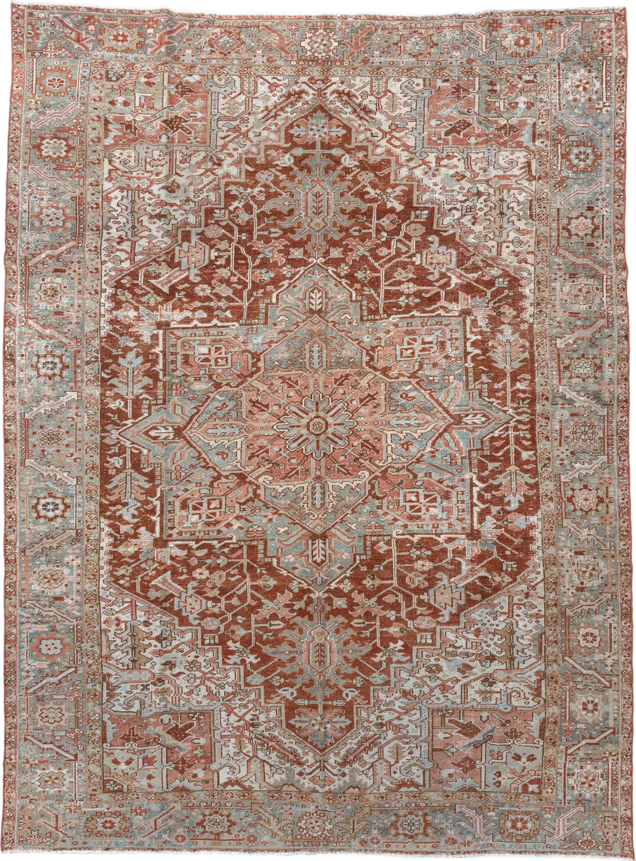 8' x 11' one-of-a-kind handmade vintage Heriz large size rug. Color palette: brown, gray, light gray, off-white, pink
