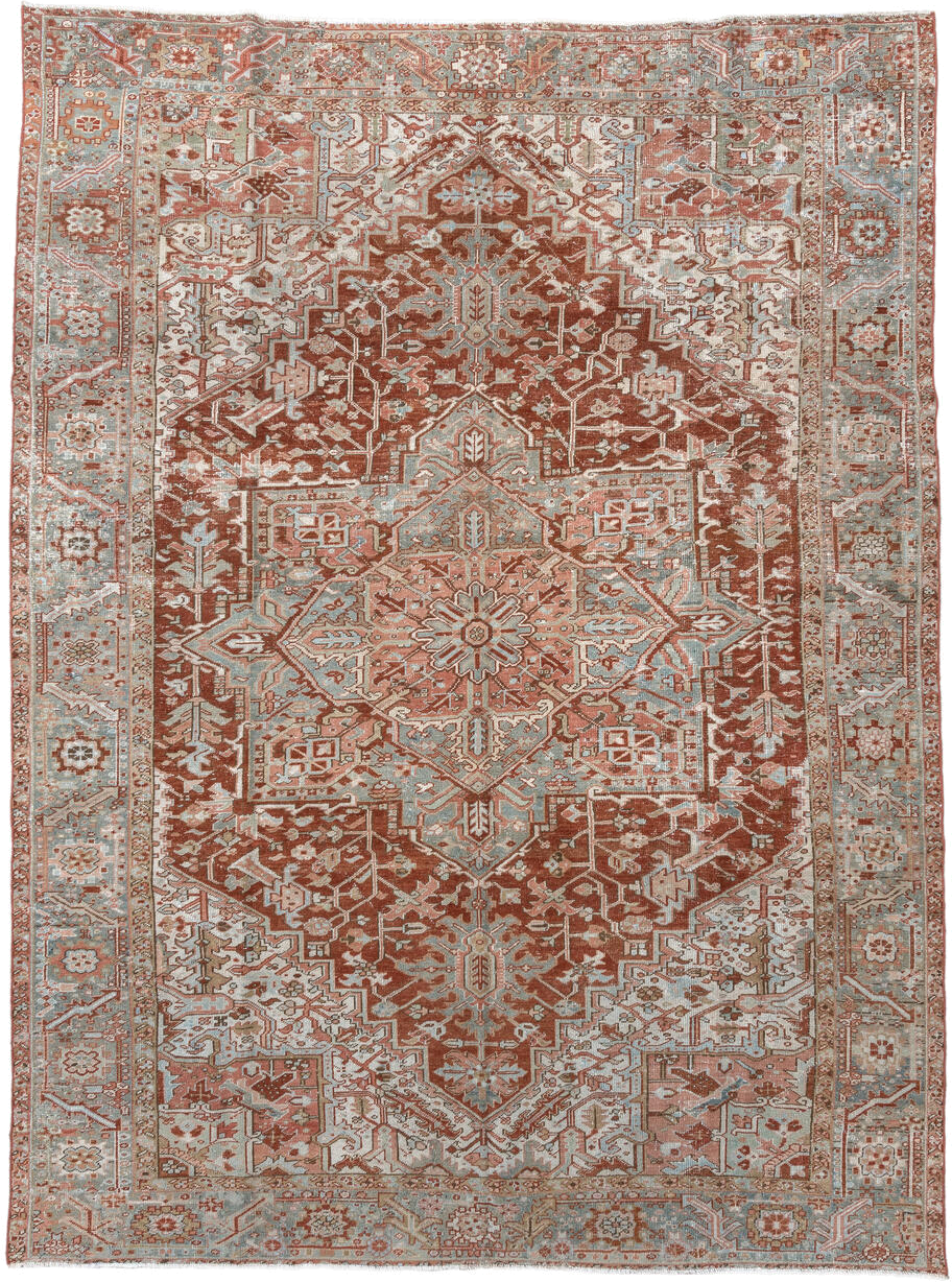 8' x 11' one-of-a-kind handmade vintage Heriz large size rug. Color palette: rust, pale blue, ivory, terra cotta, taupe