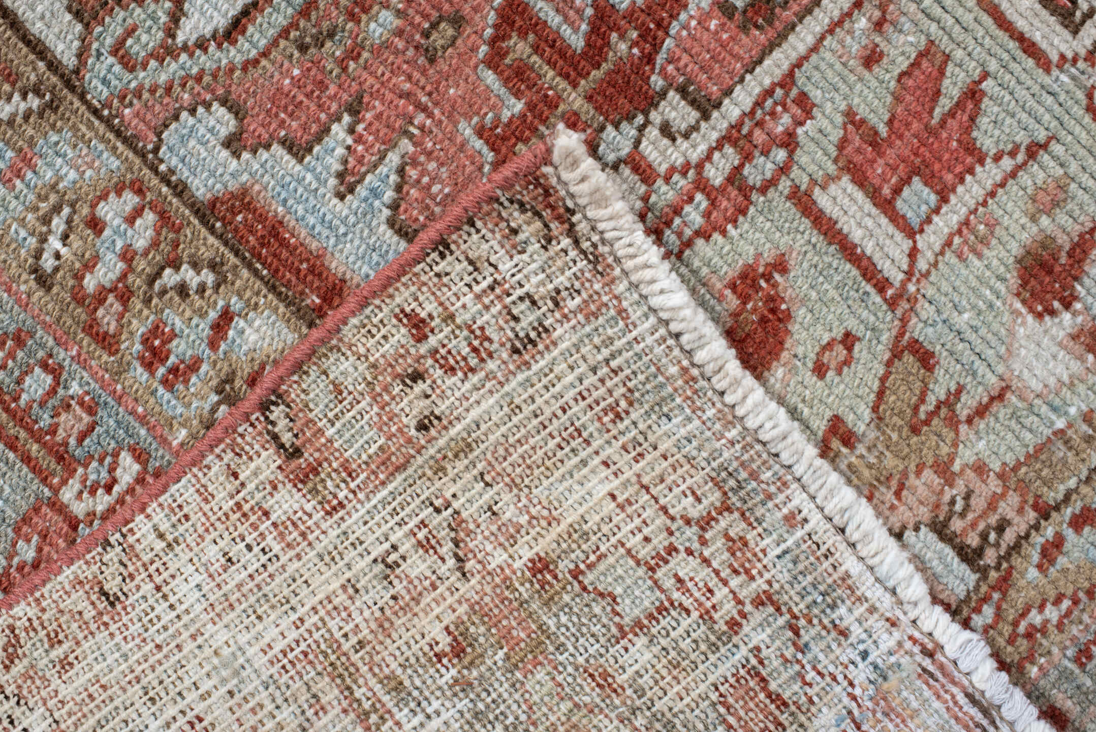 8' x 11' one-of-a-kind handmade vintage Heriz large size rug. Color palette: rust, pale blue, ivory, terra cotta, taupe