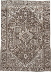 7' x 10' one-of-a-kind handmade antique Heriz large size rug. Color palette: taupe, brown, ivory, charcoal, camel, beige